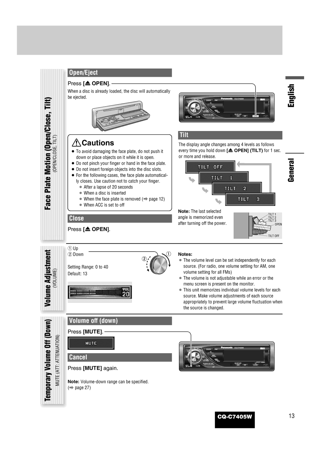 Panasonic CQ-C7405W manual Open/Close, Tilt, Motion 