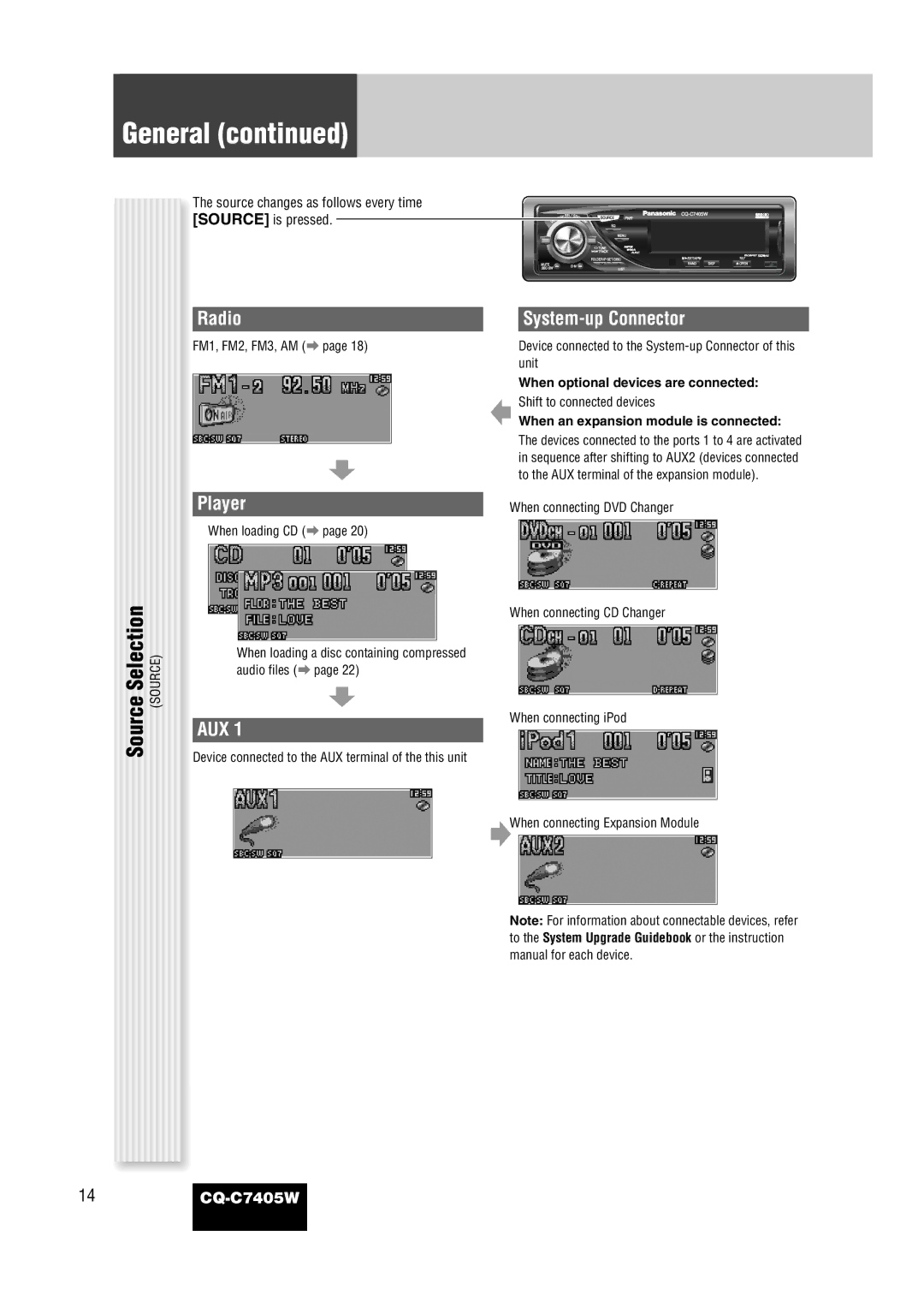 Panasonic CQ-C7405W manual Selection, Radio, Player, System-up Connector, Aux 