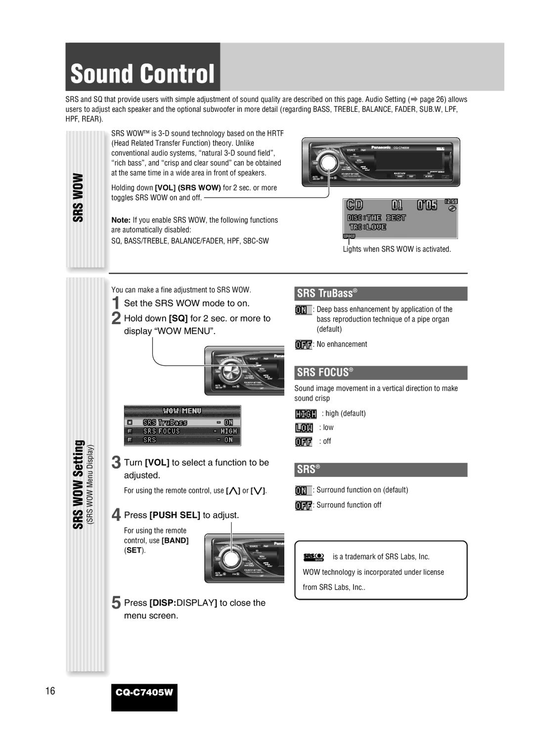 Panasonic CQ-C7405W manual Sound Control, SRS WOW Setting, SRS TruBass, SRS Focus, Srs 