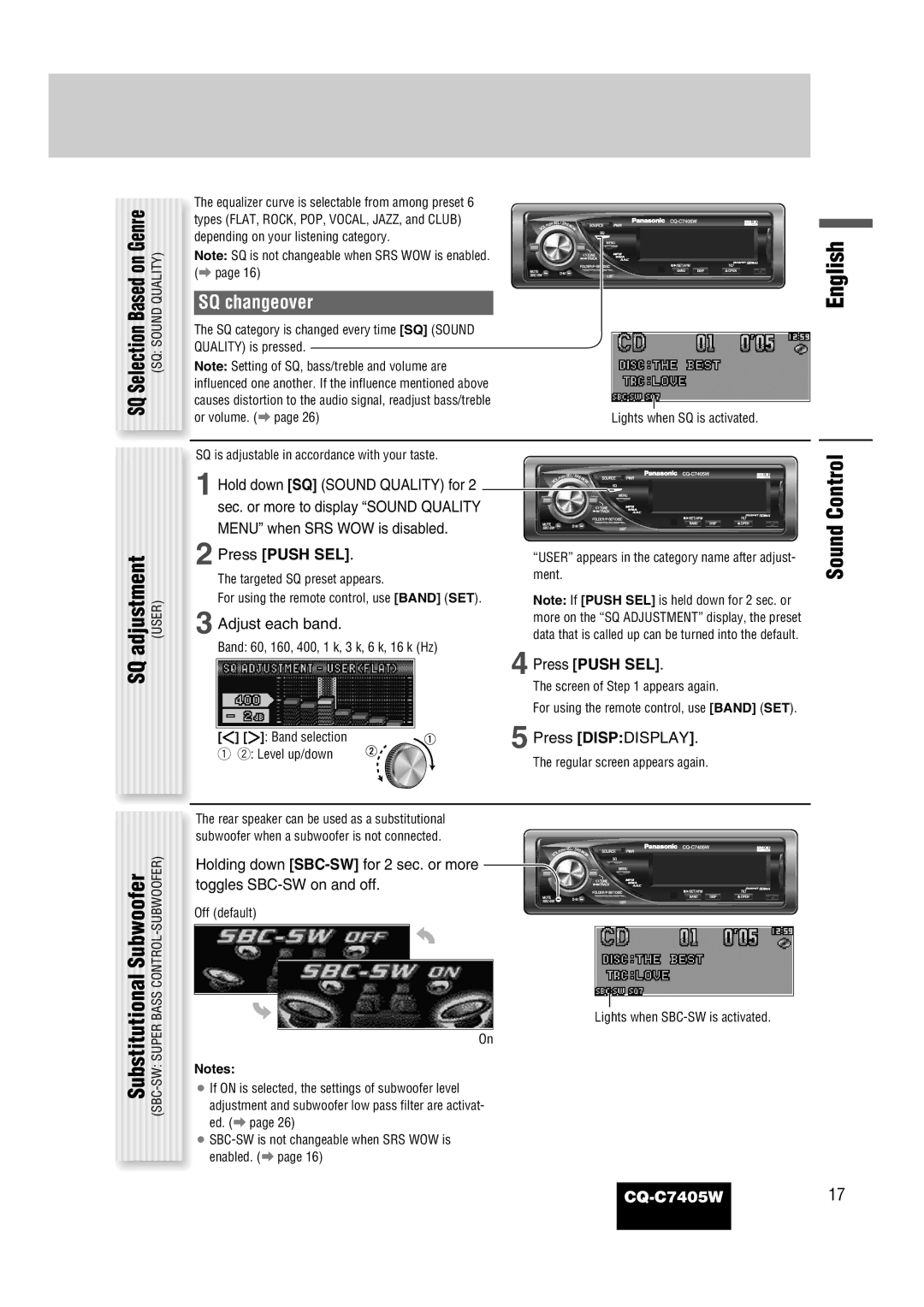 Panasonic CQ-C7405W manual Adjustment, Subwoofer, SQ changeover, Press Push SEL 