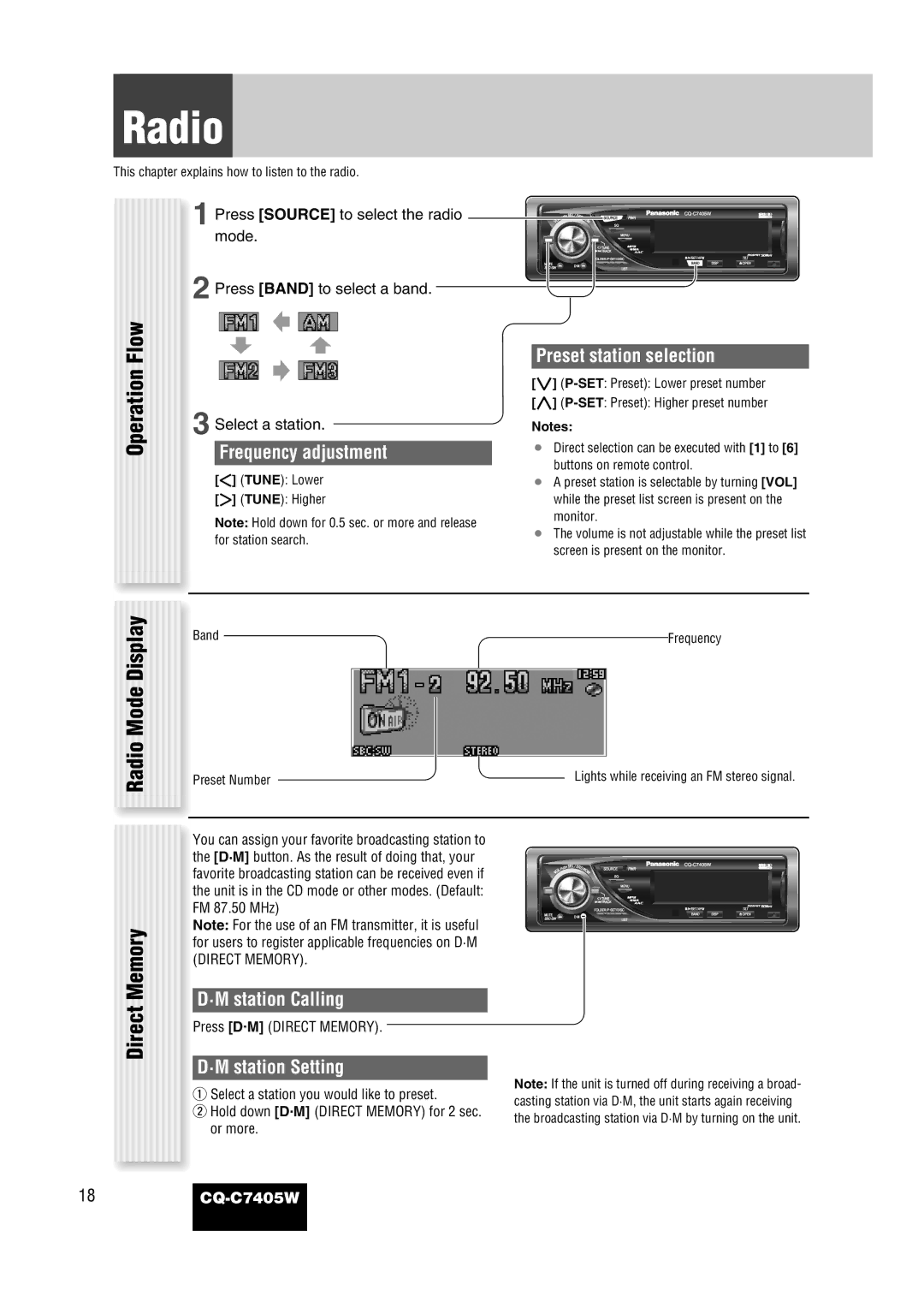 Panasonic CQ-C7405W manual Radio, Flow, Direct 