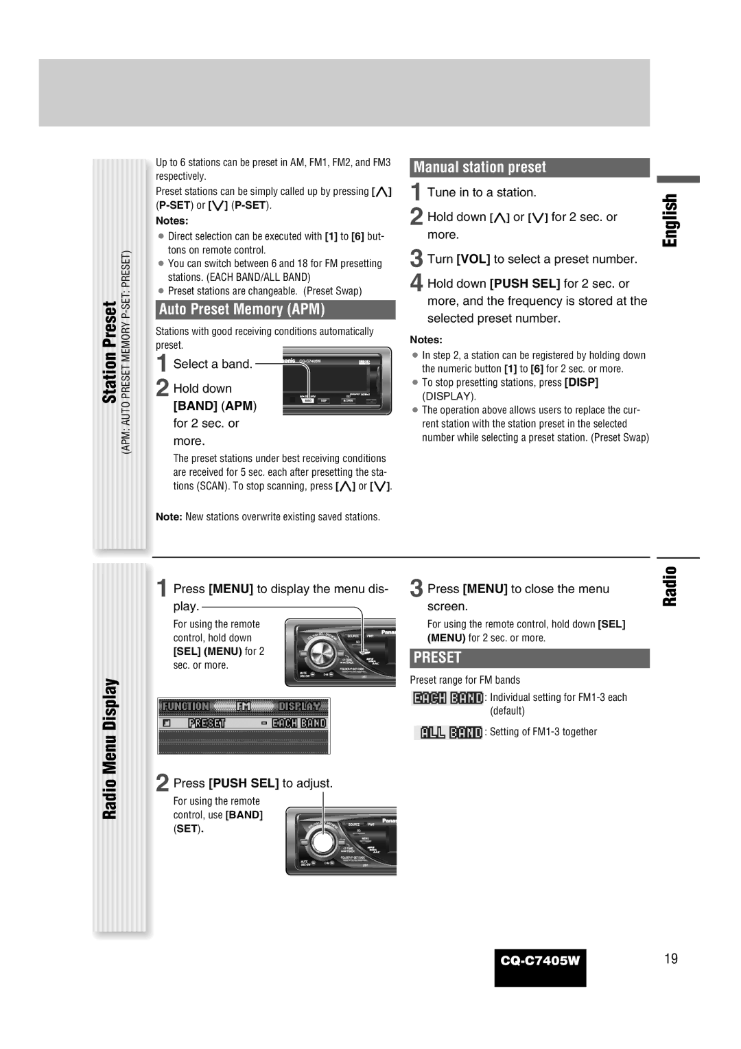 Panasonic CQ-C7405W manual Station, Radio Menu Display, Auto Preset Memory APM, Manual station preset 