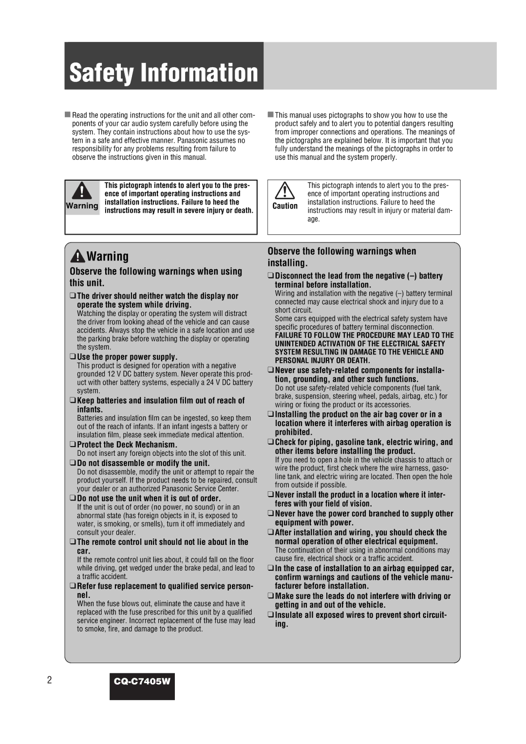 Panasonic CQ-C7405W manual Safety Information 