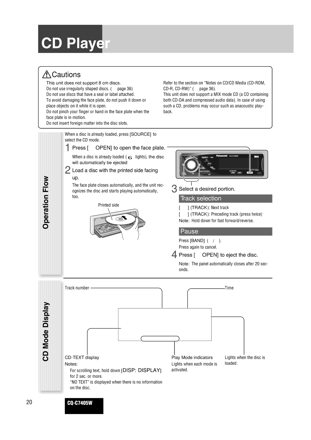 Panasonic CQ-C7405W manual Operation Flow CD Mode Display, Load a disc with the printed side facing up, CD-TEXT display 