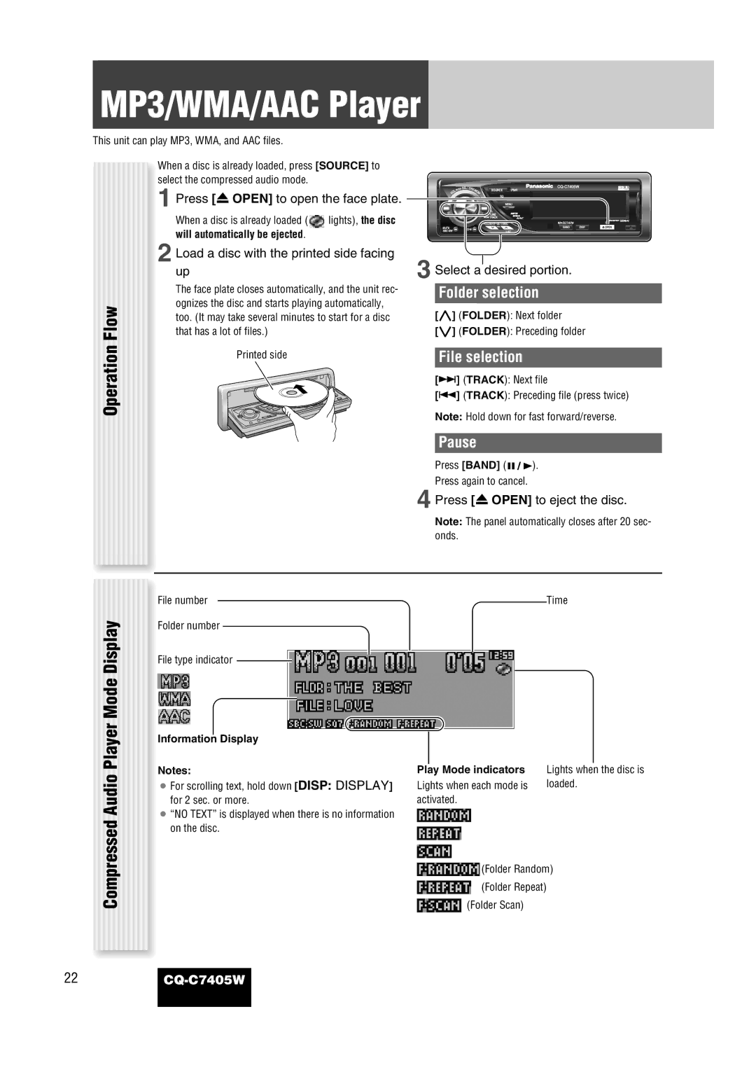 Panasonic CQ-C7405W manual MP3/WMA/AAC Player, Folder selection, File selection, Pause 