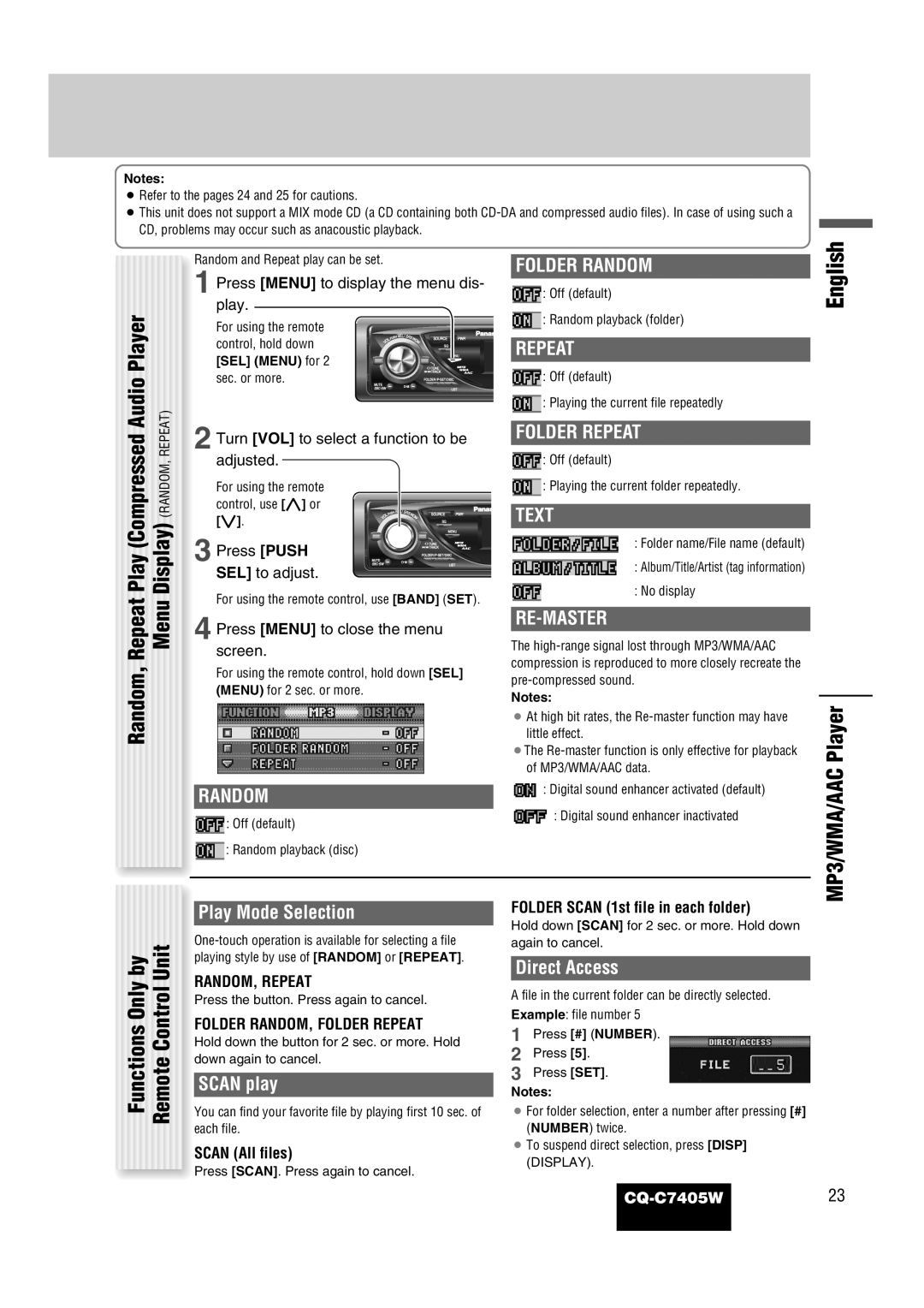 Panasonic CQ-C7405W manual MP3/WMA/AAC Player 