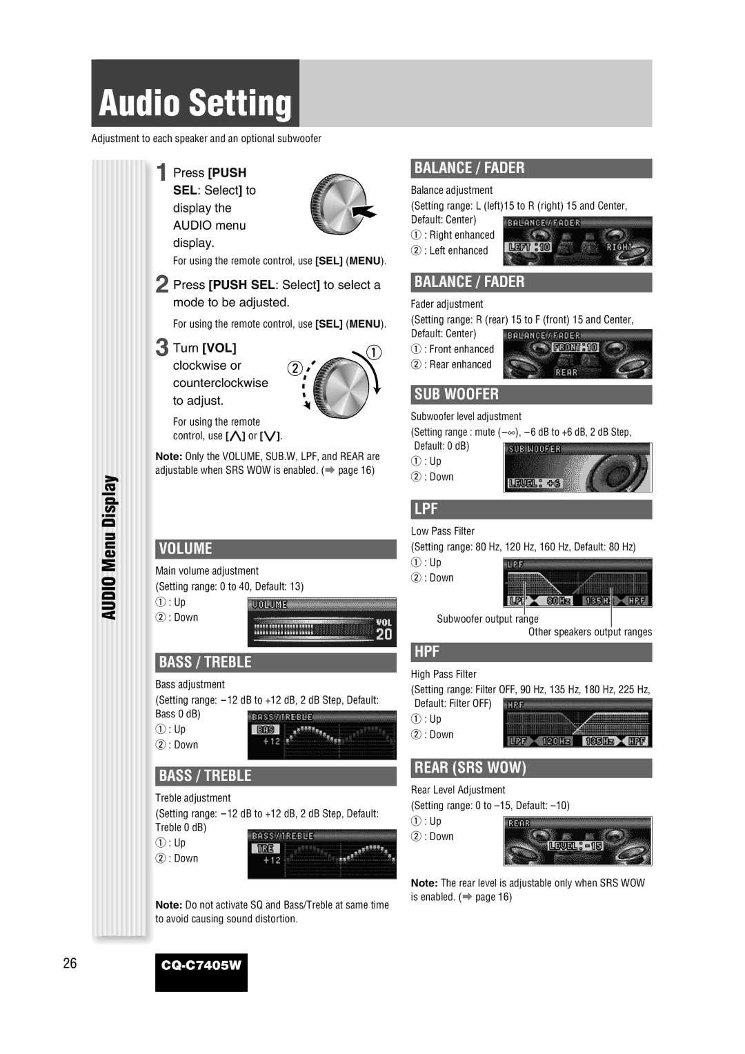 Panasonic CQ-C7405W manual Audio Setting, Display 