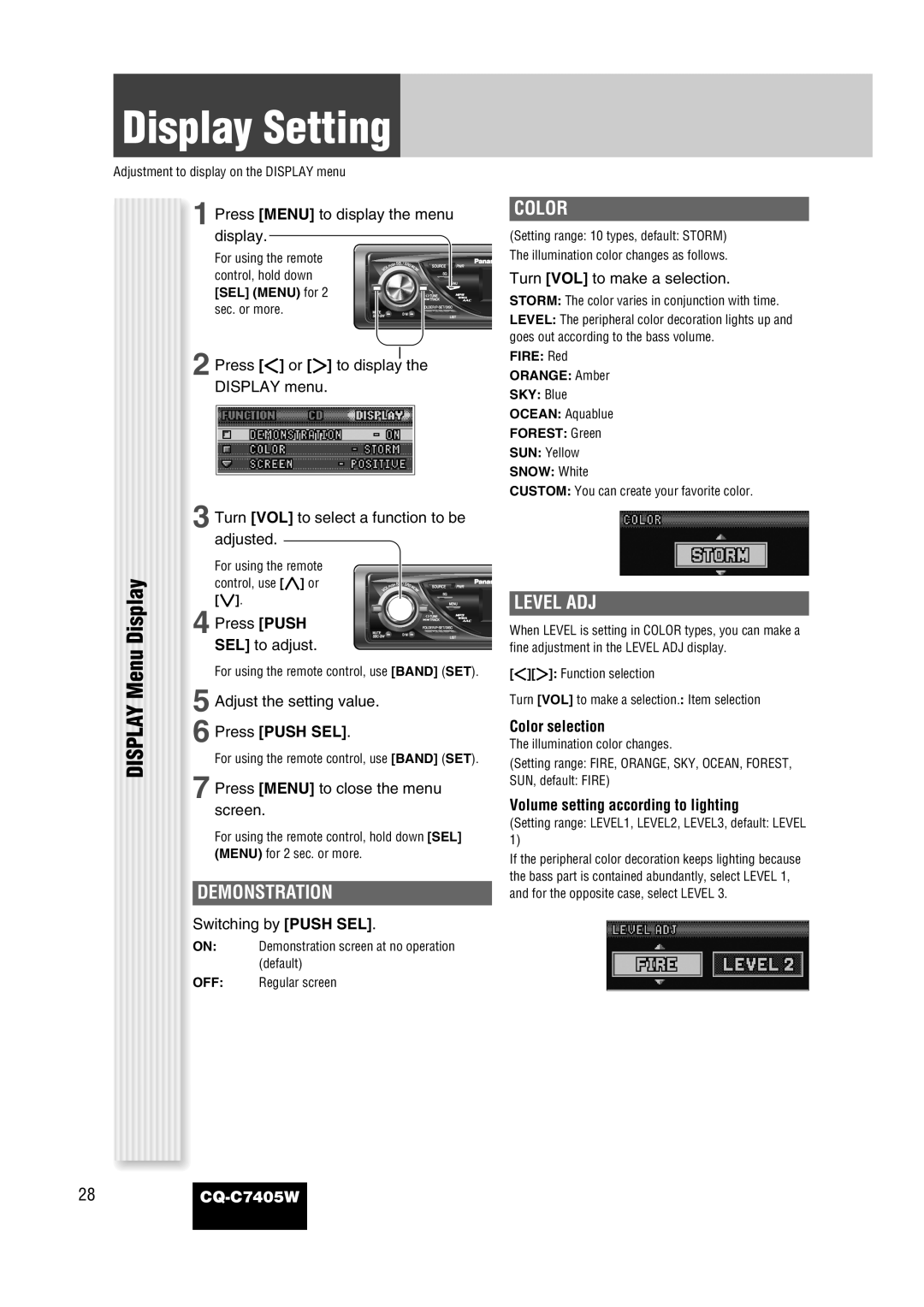 Panasonic CQ-C7405W manual Display Setting, Demonstration, Color, Level ADJ 