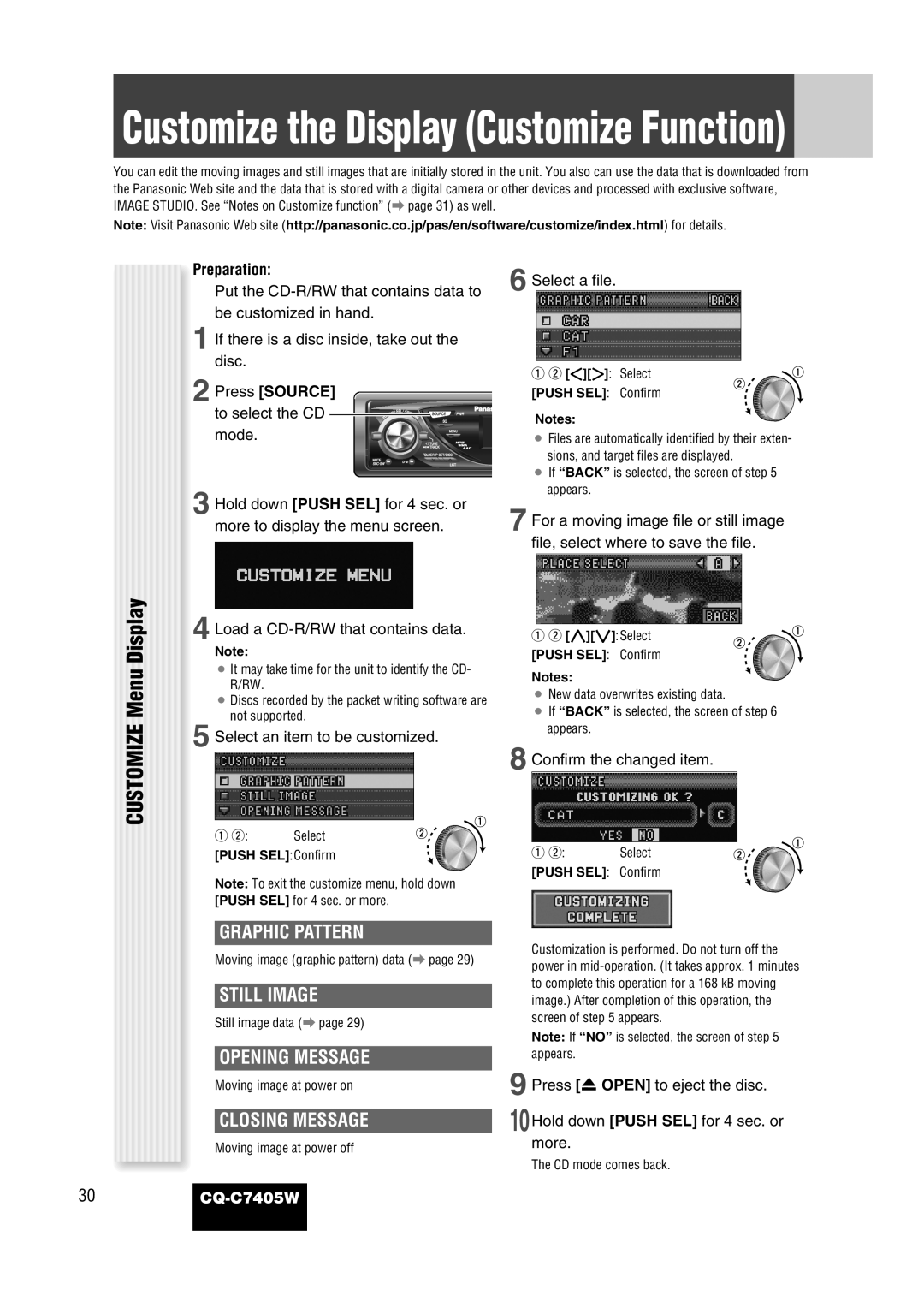 Panasonic CQ-C7405W manual Customize Menu Display, Opening Message, Closing Message, Preparation, Press Source 