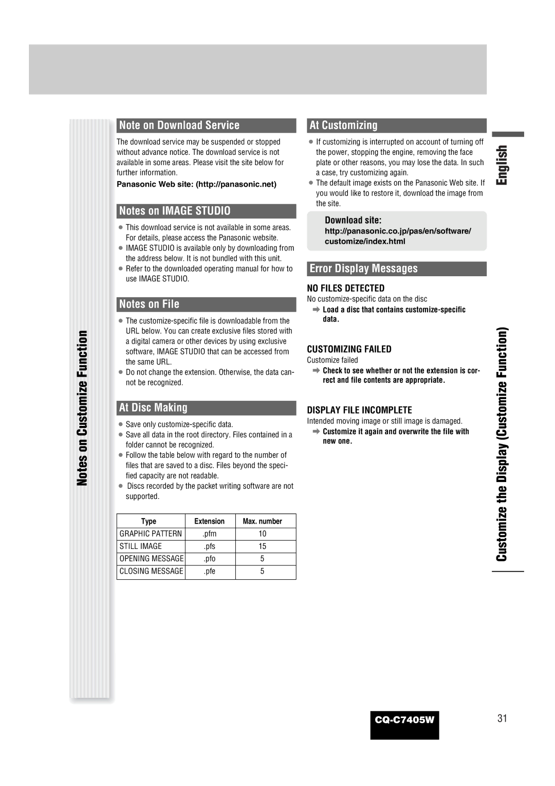 Panasonic CQ-C7405W manual At Disc Making, At Customizing, Error Display Messages, Download site 