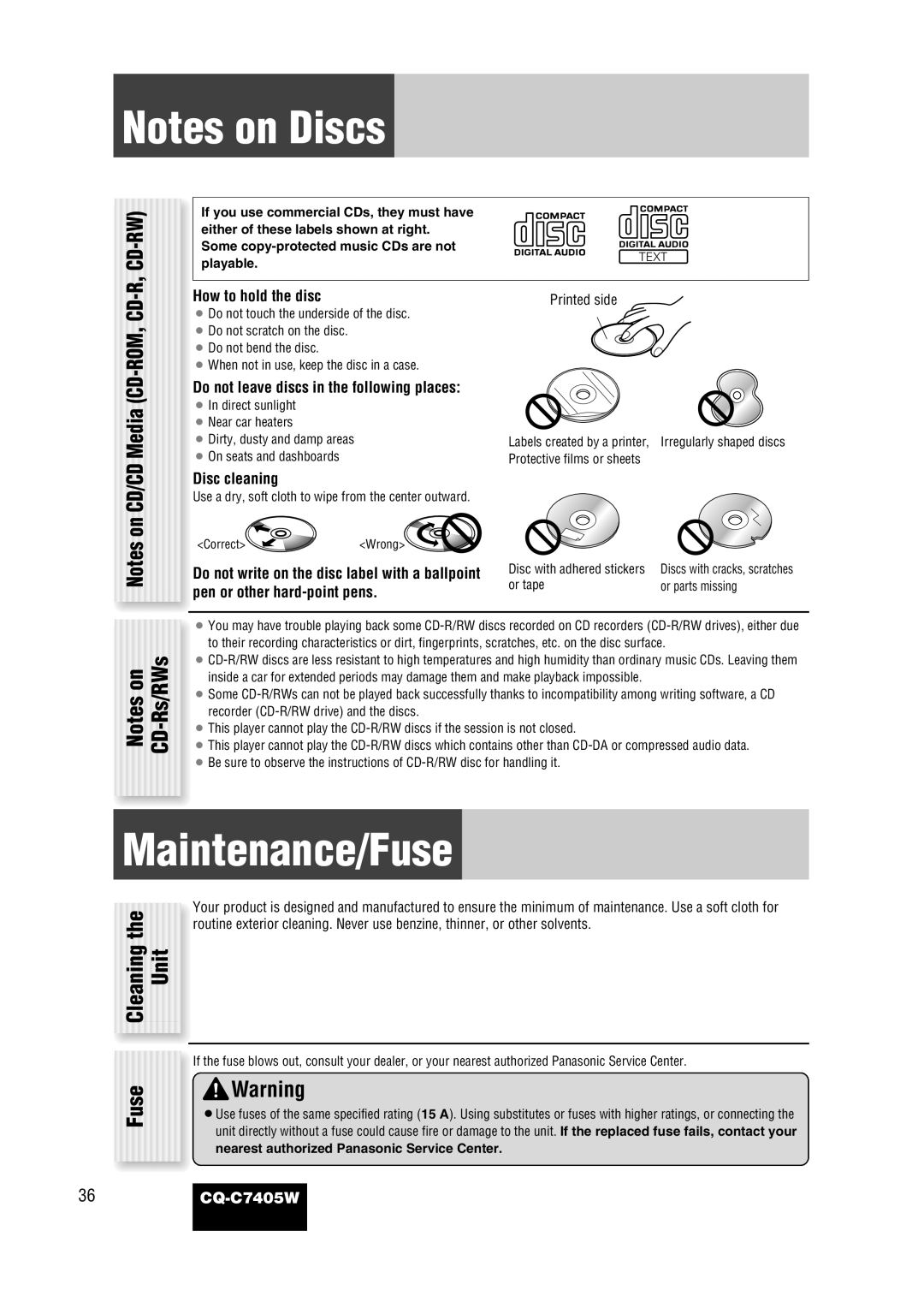 Panasonic CQ-C7405W manual Maintenance/Fuse, Cleaning Unit Fuse 