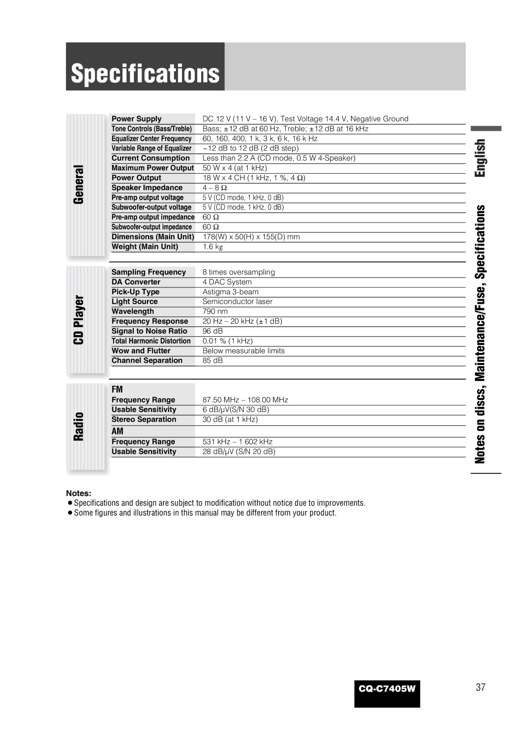 Panasonic CQ-C7405W manual Specifications 