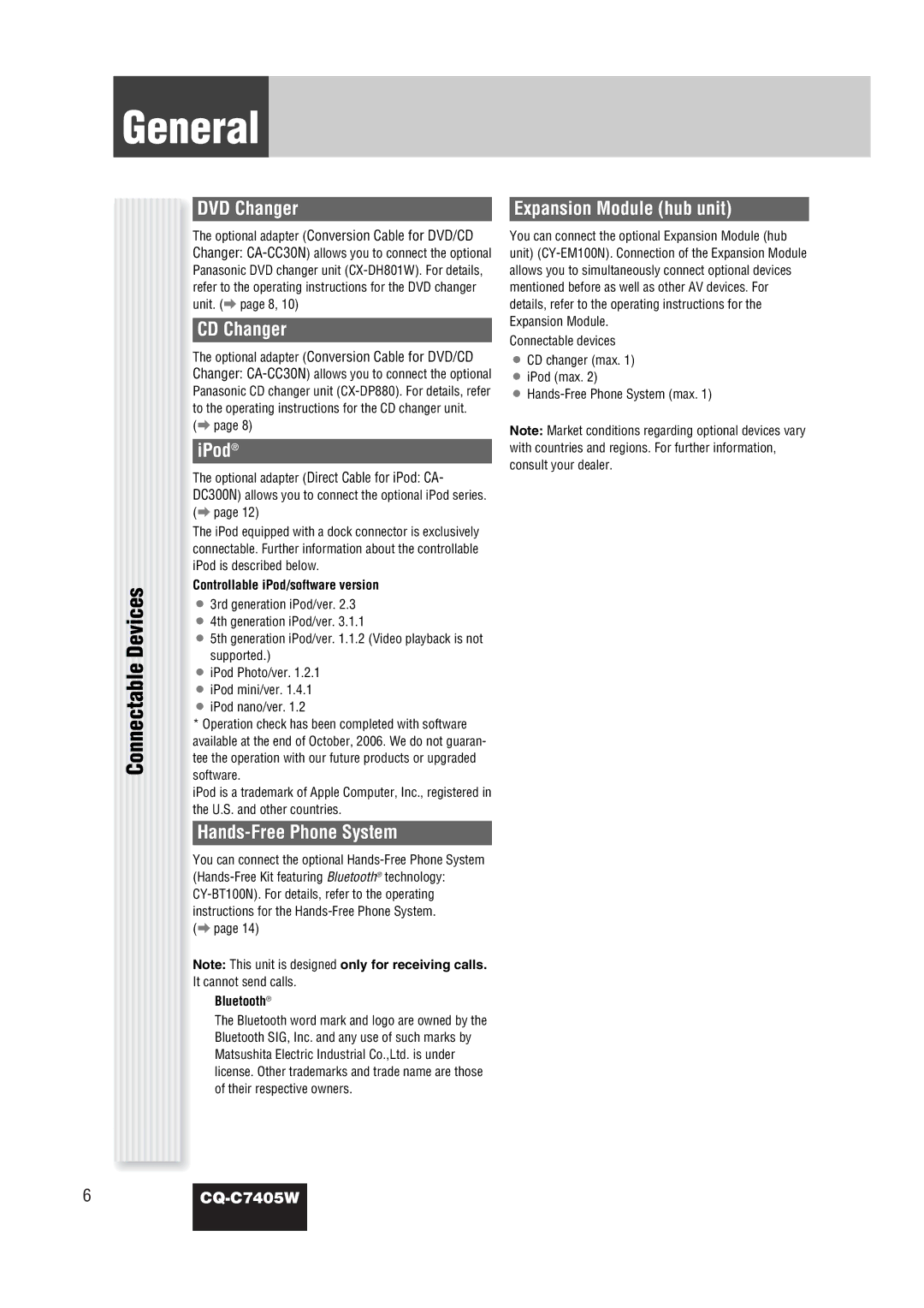 Panasonic CQ-C7405W manual Connectable Devices, DVD Changer, CD Changer, IPod, Controllable iPod/software version 