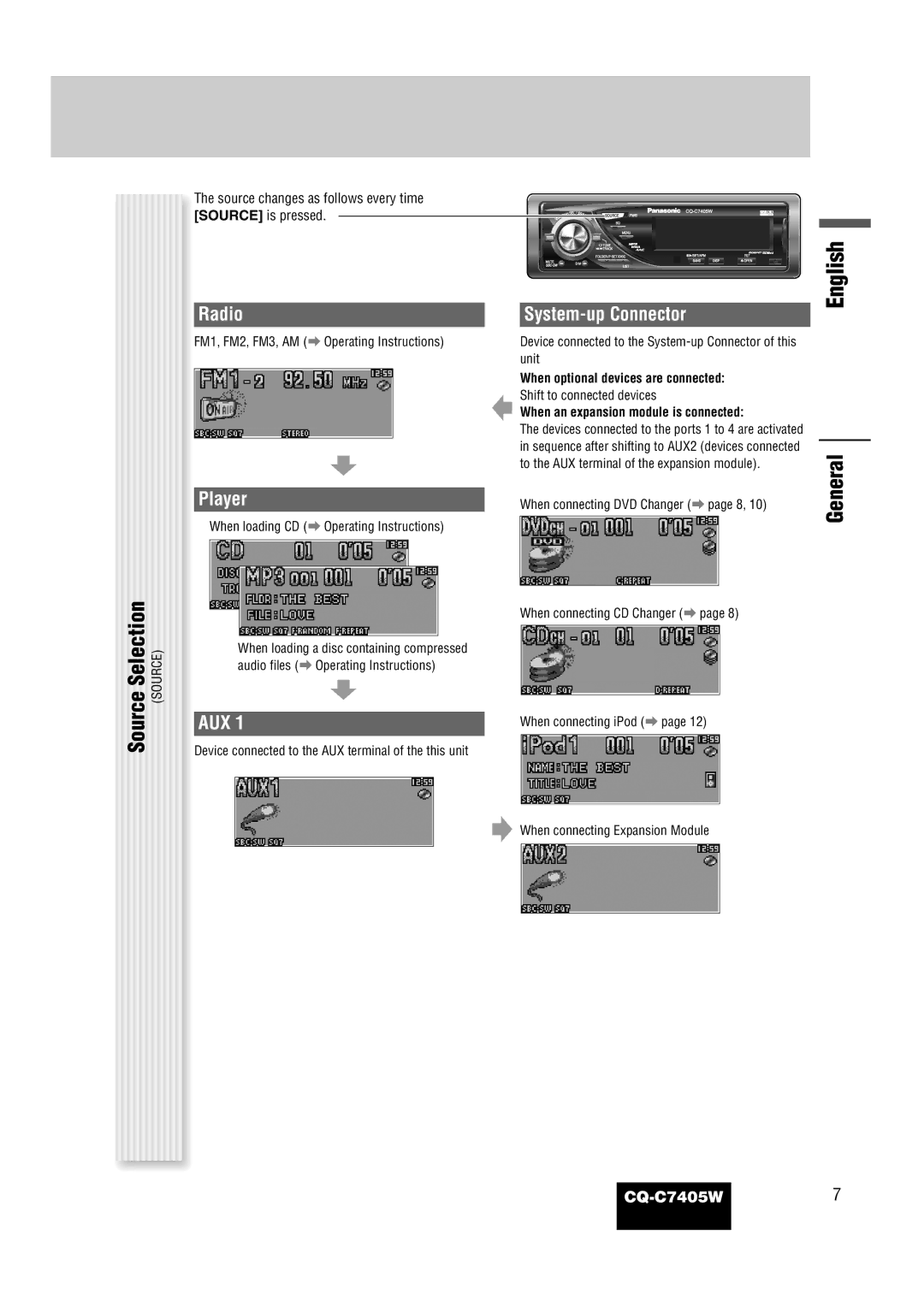 Panasonic CQ-C7405W manual Source Selection, Radio 