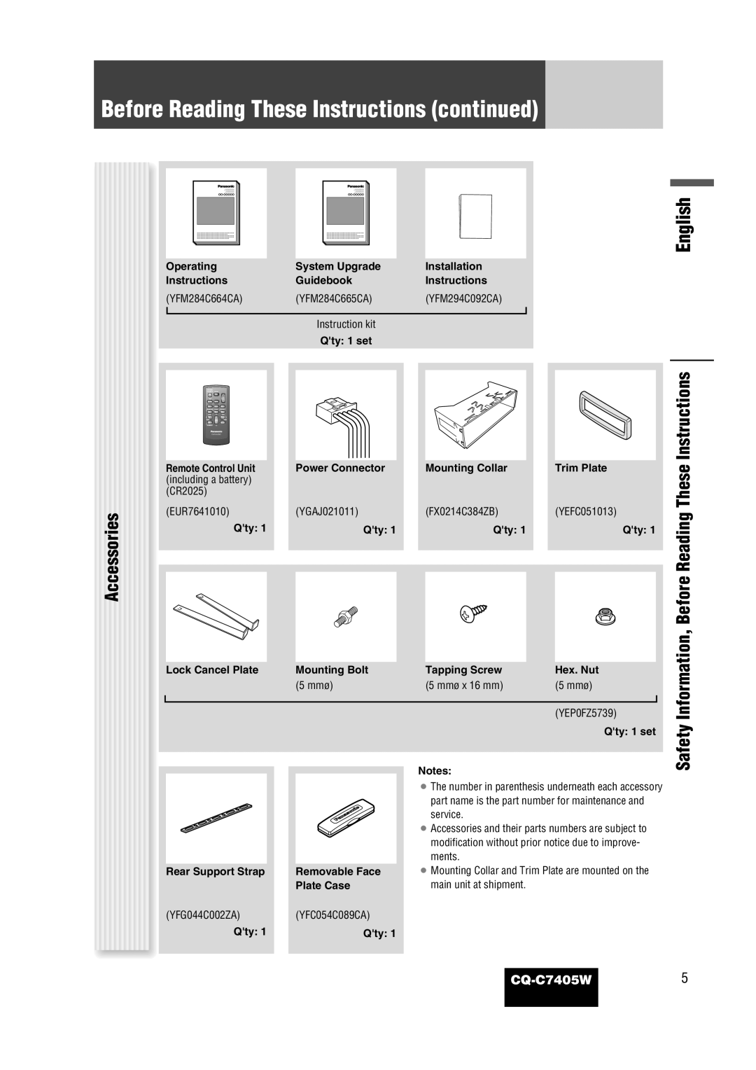 Panasonic CQ-C7405W manual Accessories, Safety Information, Before Reading These Instructions 