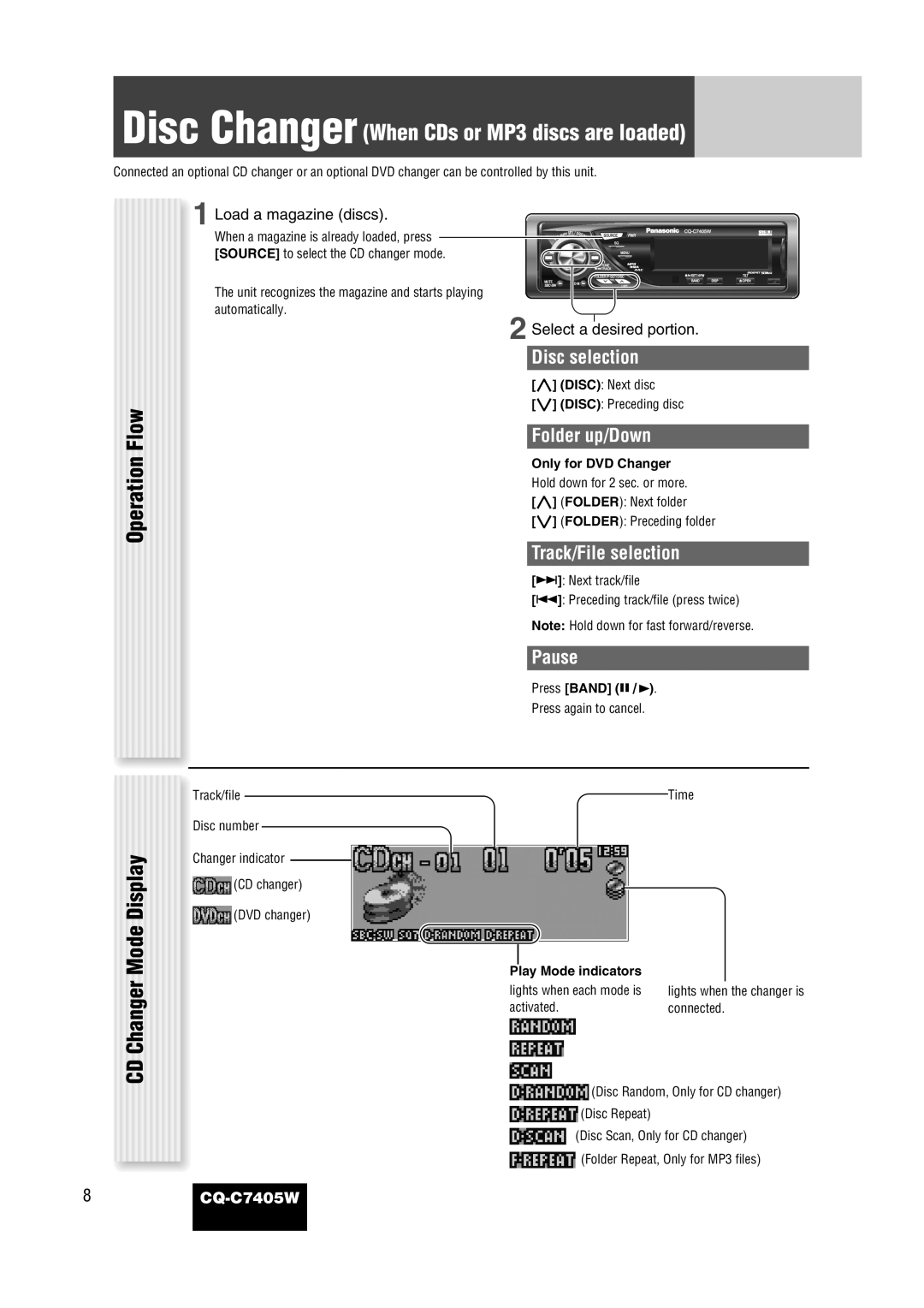 Panasonic CQ-C7405W manual Operation Flow, CD Changer Mode Display, Disc selection, Folder up/Down, Track/File selection 