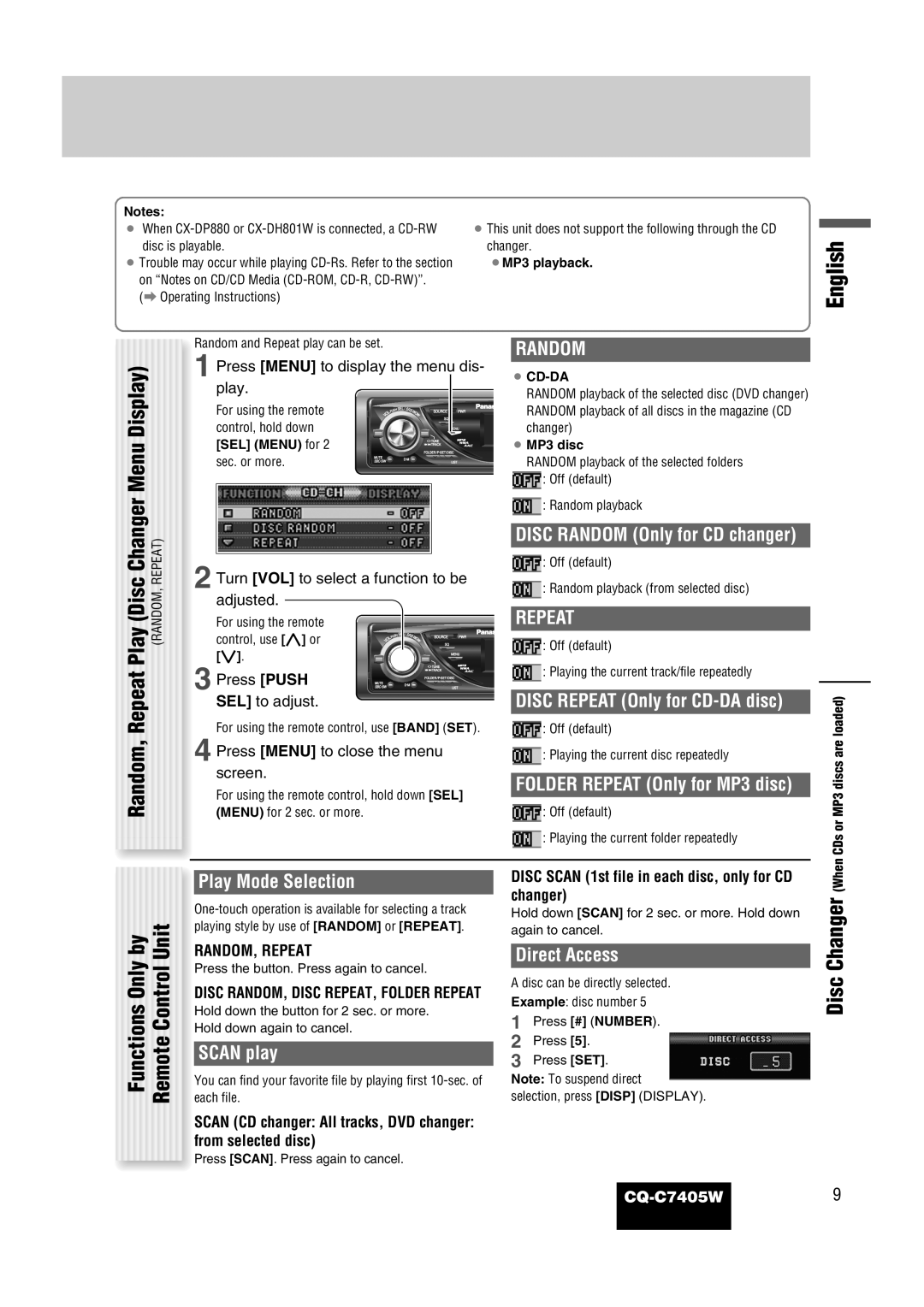 Panasonic CQ-C7405W Disc Random Only for CD changer, Disc Repeat Only for CD-DA disc, Folder Repeat Only for MP3 disc 