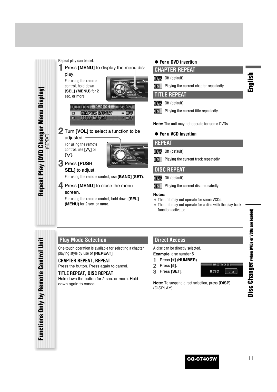 Panasonic CQ-C7405W manual Chapter Repeat, Title Repeat, Disc Repeat, ¡For a DVD insertion, ¡For a VCD insertion 