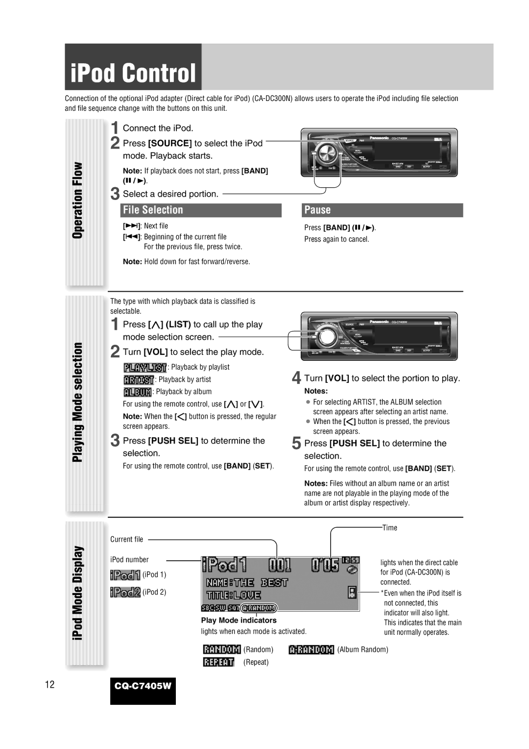 Panasonic CQ-C7405W manual Playing Mode selection, Connect the iPod, Press Source to select the iPod, Mode. Playback starts 