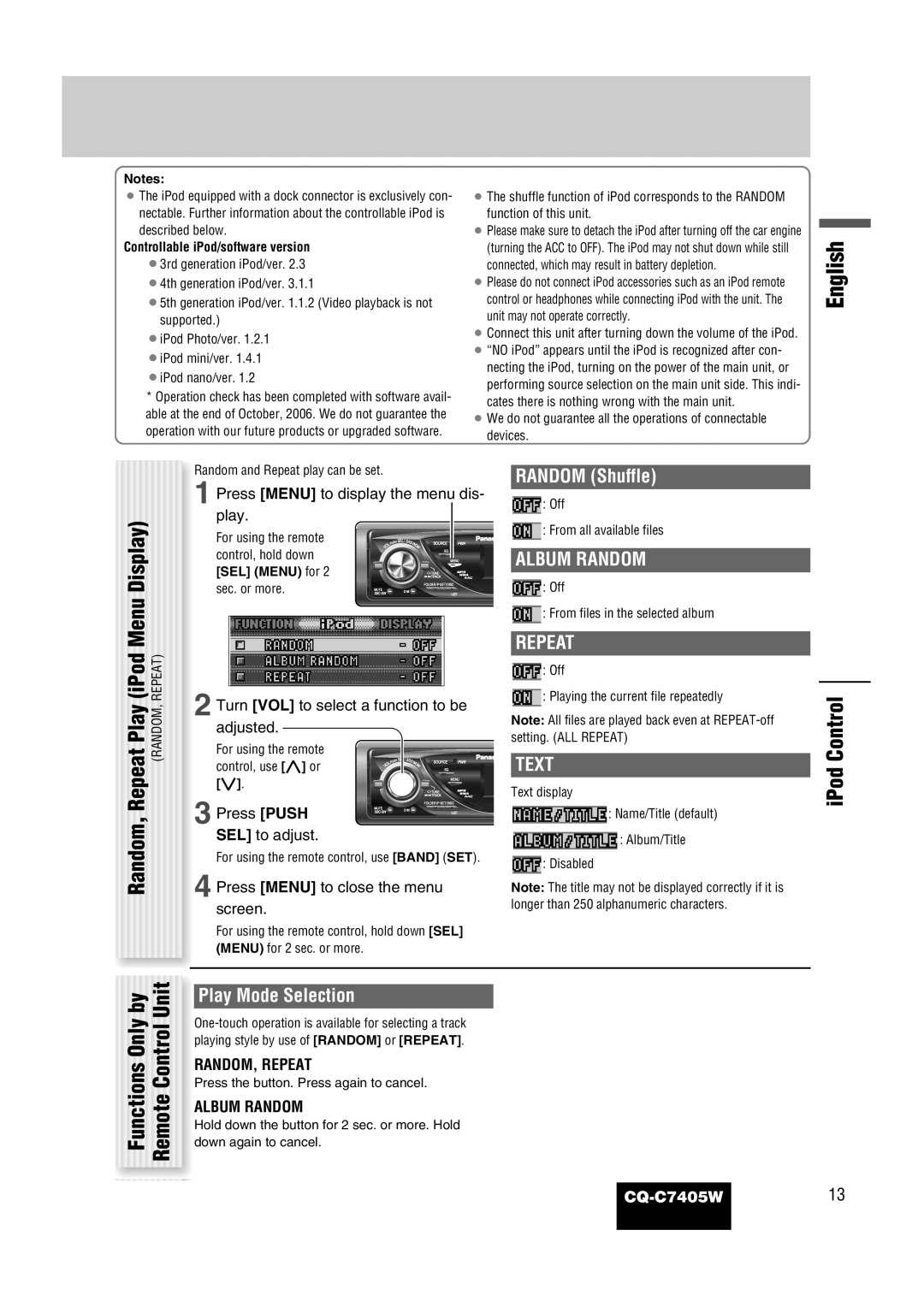 Panasonic CQ-C7405W manual IPod Control, Random Shuffle, Press Menu to display the menu dis, Play 