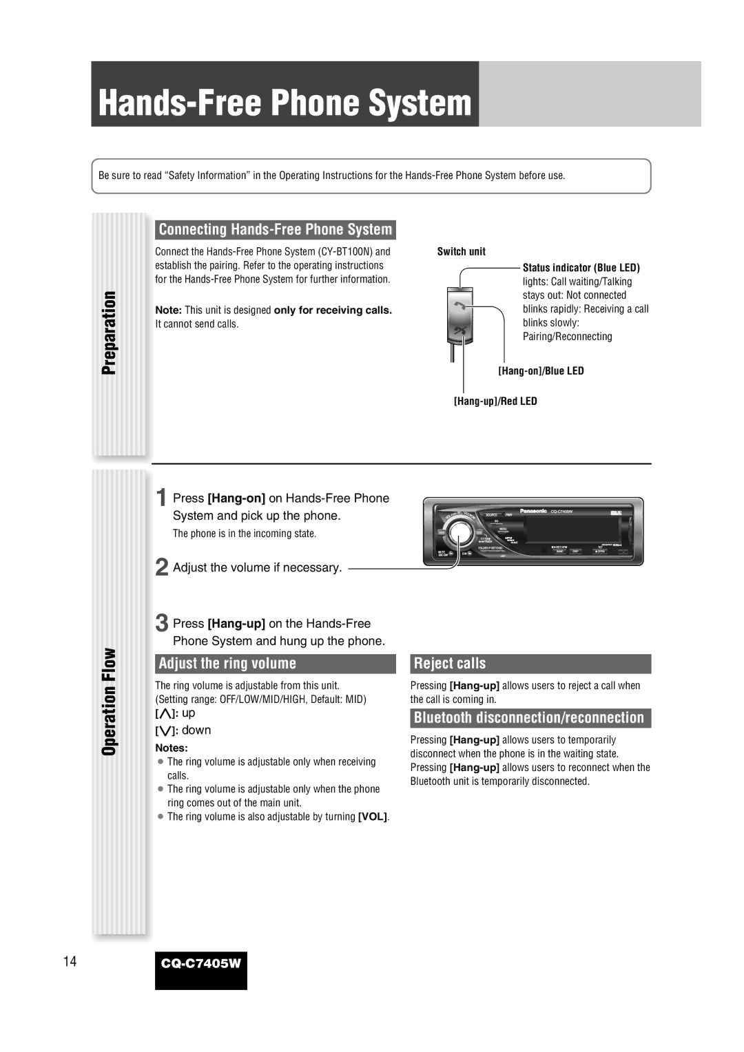 Panasonic CQ-C7405W manual Hands-Free Phone System, Preparation 