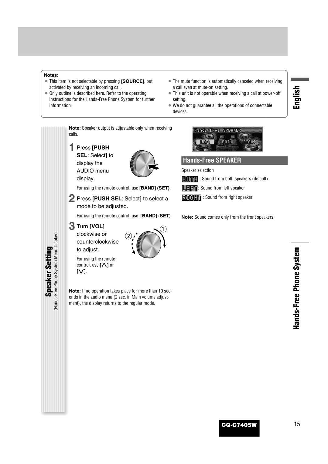 Panasonic CQ-C7405W manual Speaker Setting, Hands-Free Phone System, Hands-Free Speaker 