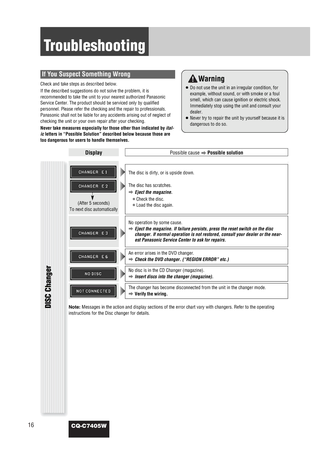 Panasonic CQ-C7405W manual Disc Changer, Verify the wiring 