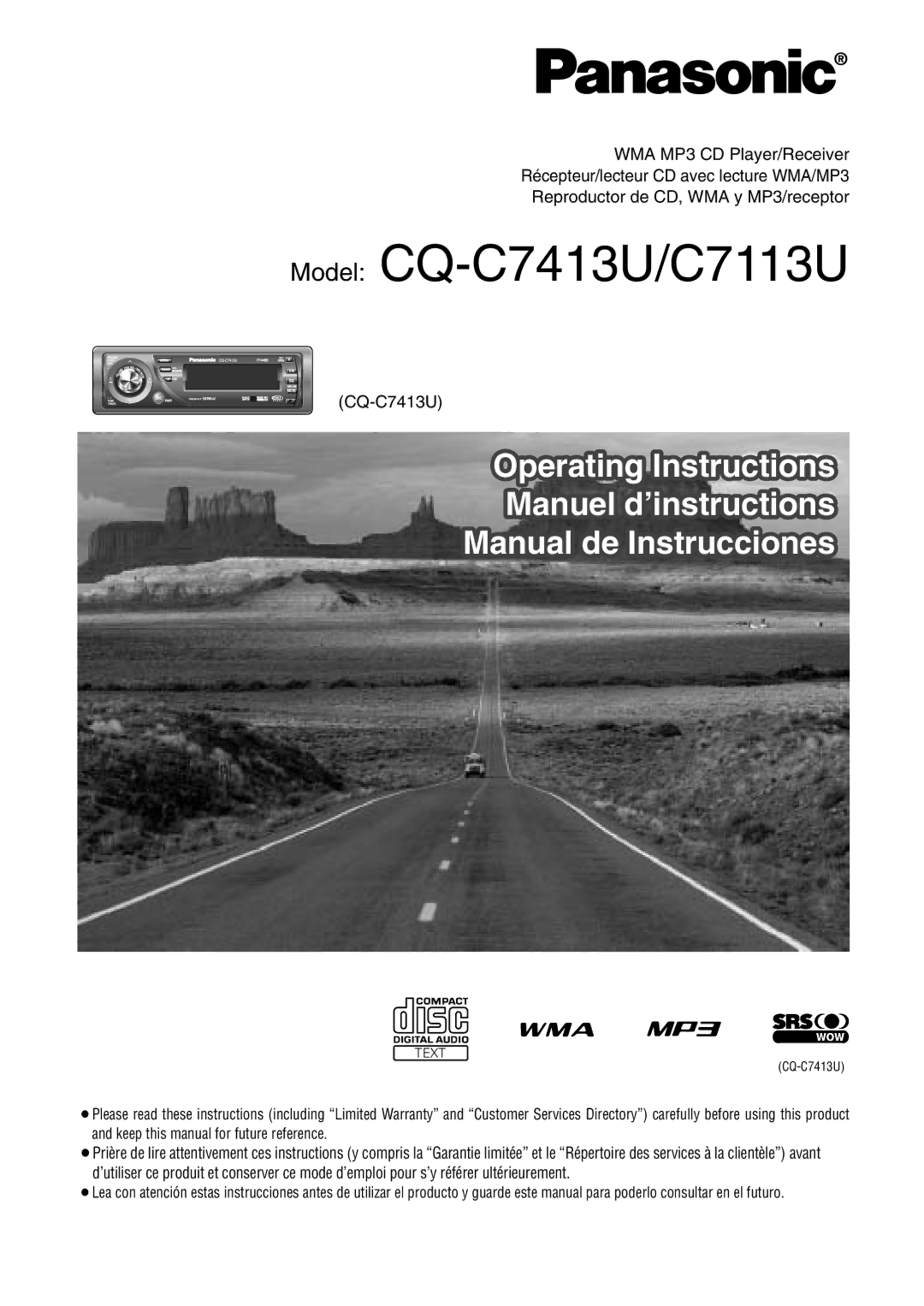 Panasonic operating instructions Model CQ-C7413U/C7113U 