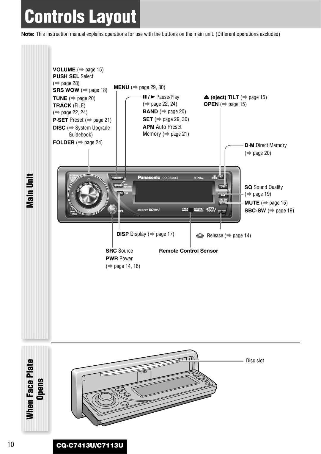 Panasonic CQ-C7413U, C7113U Controls Layout, Main Unit, When Face Plate Opens, Eject Tilt a page 15 Open a 