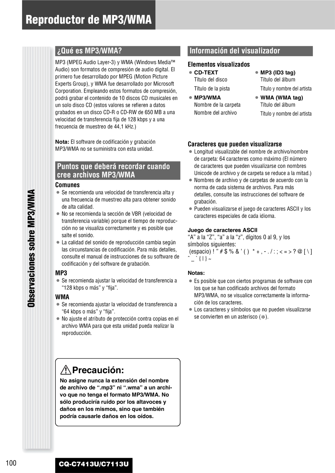 Panasonic CQ-C7413U Reproductor de MP3/WMA, Observaciones sobre MP3/WMA, ¿Qué es MP3/WMA?, Información del visualizador 