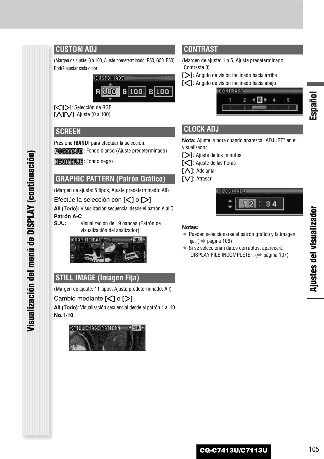 Panasonic C7113U Del visualizador, Ajustes, Custom ADJ Contrast, Still Image Imagen Fija, Efectúe la selección con o 