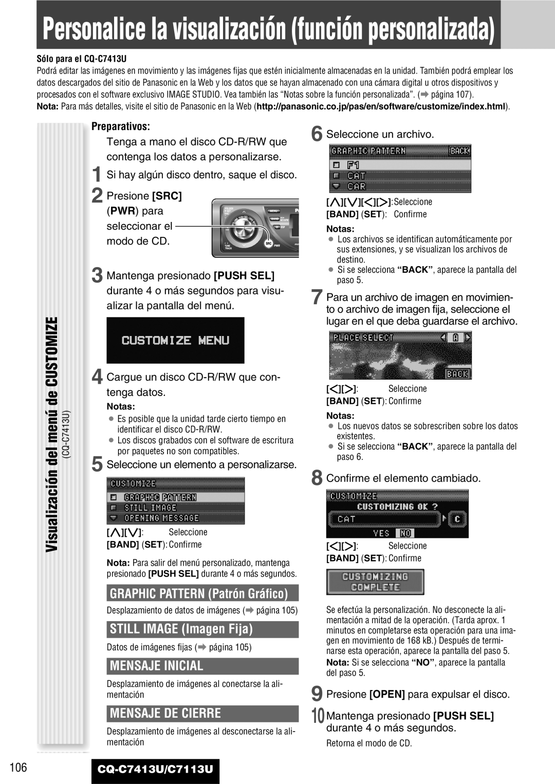 Panasonic CQ-C7413U, C7113U Visualización del menú de Customize, Mensaje Inicial, Mensaje DE Cierre, Preparativos 