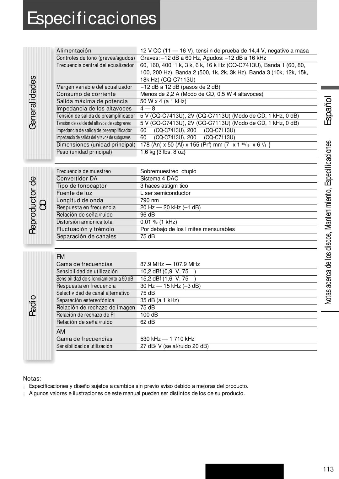 Panasonic C7113U, CQ-C7413U operating instructions Especificaciones, Generalidades Reproductor de Radio, Notas 