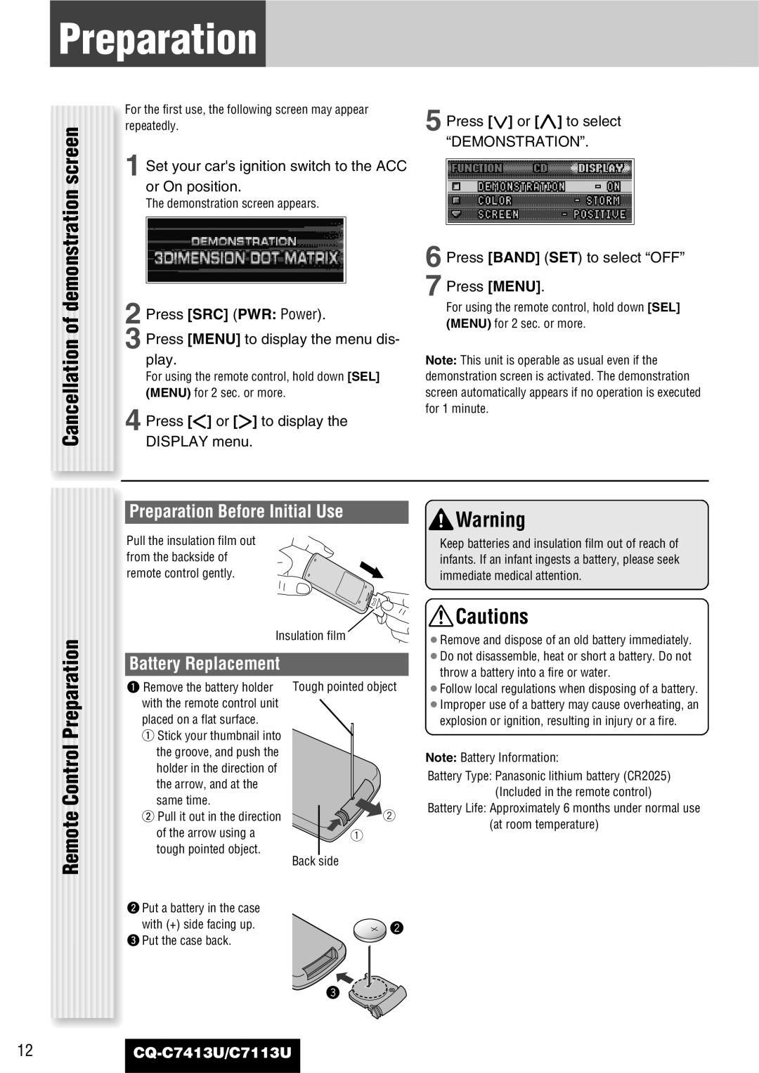 Panasonic CQ-C7413U, C7113U operating instructions Demonstration screen, Remote Control Preparation, Cancellation 