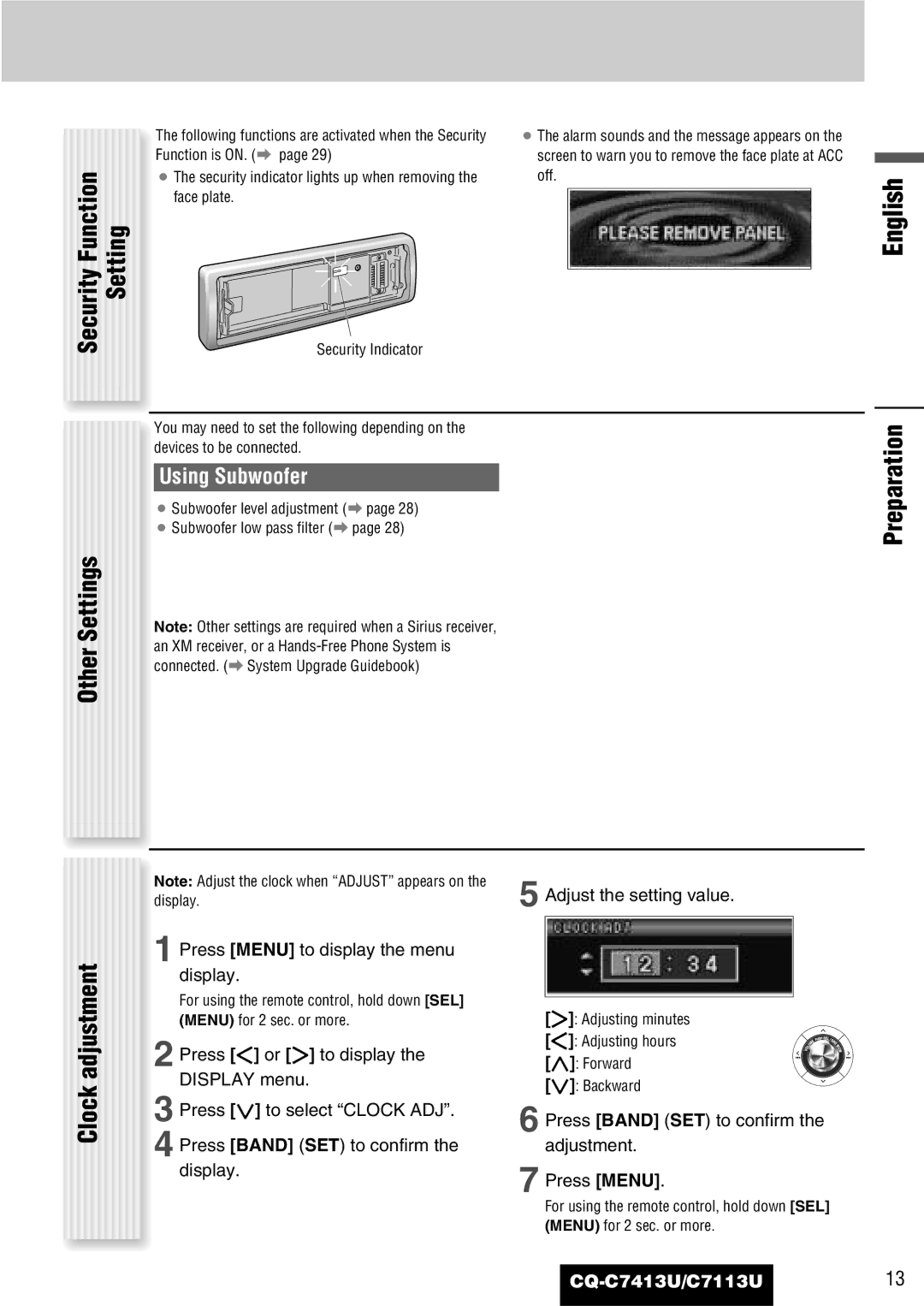 Panasonic C7113U, CQ-C7413U Security Function Setting, Other Settings, Preparation Adjustment, Using Subwoofer, Clock 