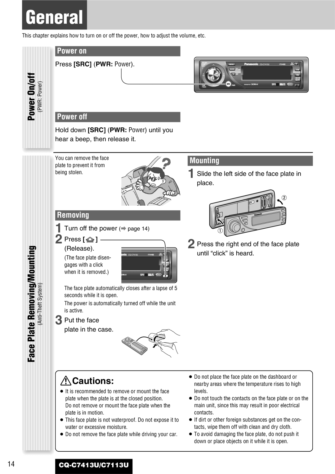 Panasonic CQ-C7413U, C7113U operating instructions General, Face 