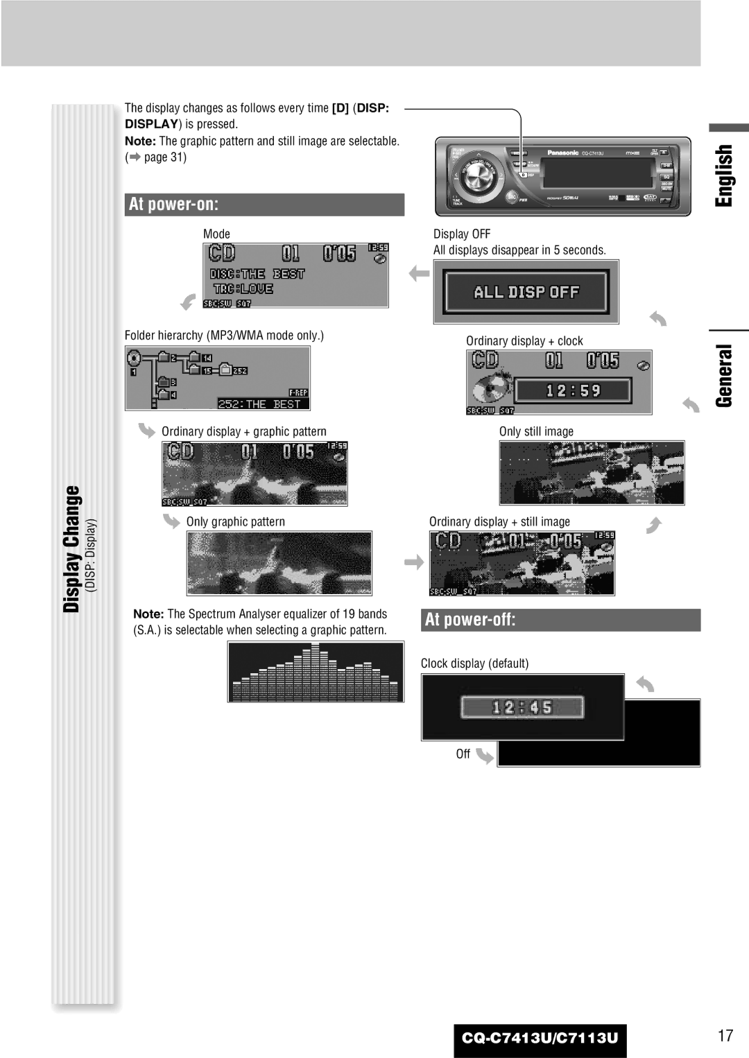 Panasonic C7113U, CQ-C7413U Display Change, General, At power-on, At power-off, Clock display default Off 