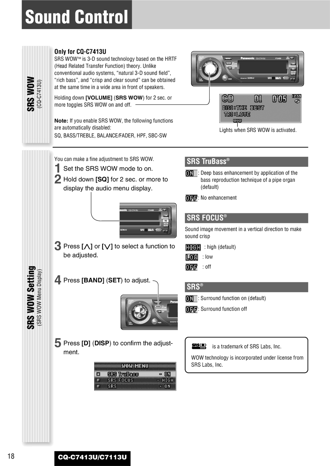 Panasonic CQ-C7413U, C7113U operating instructions Sound Control, WOW Setting, SRS TruBass, SRS Focus, Srs 