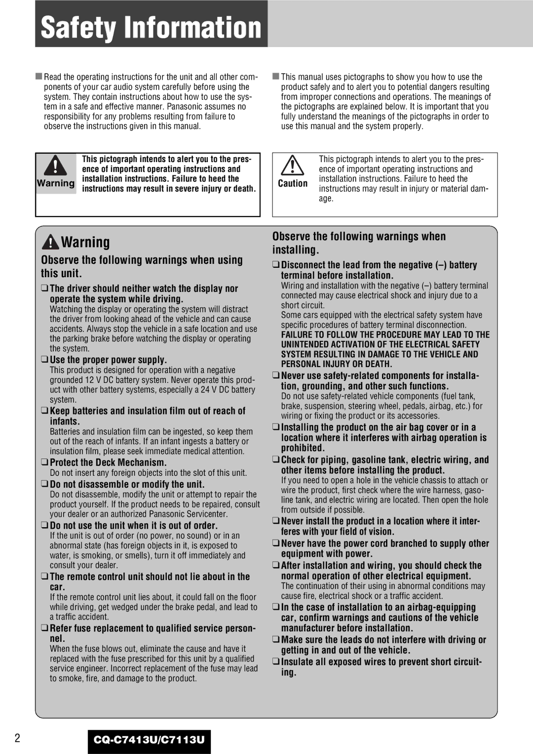 Panasonic CQ-C7413U, C7113U operating instructions Safety Information 