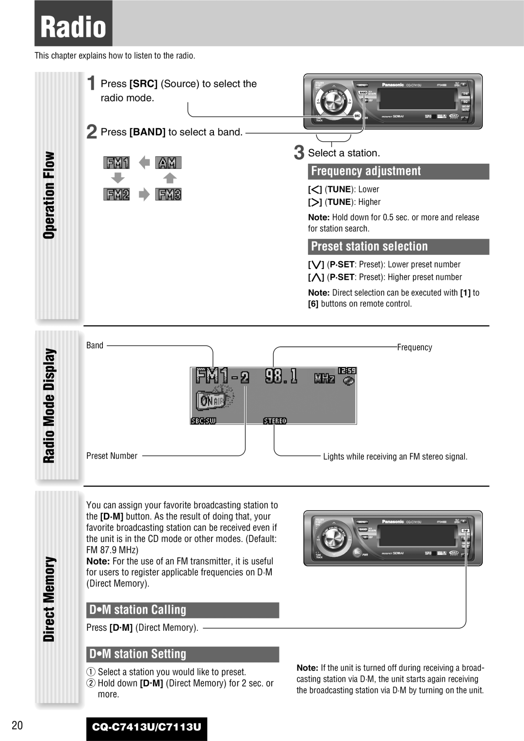 Panasonic CQ-C7413U, C7113U operating instructions Operation Flow Radio Mode Display, Direct Memory 