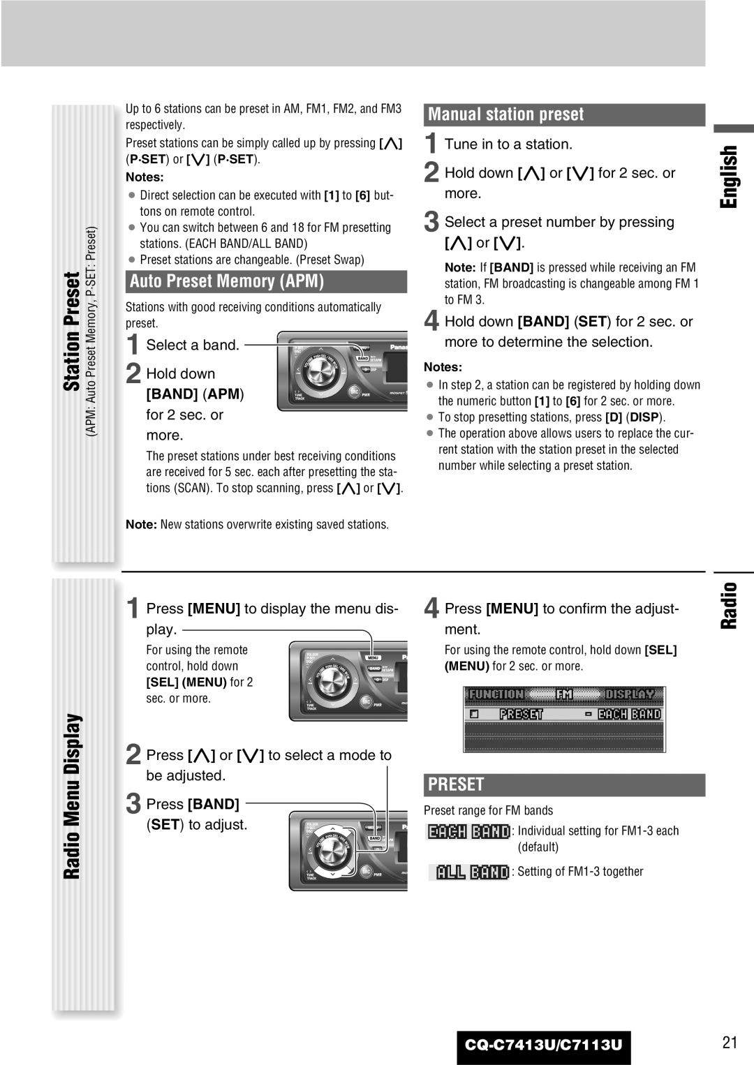 Panasonic C7113U, CQ-C7413U operating instructions Radio Menu Display, Auto Preset Memory APM, Manual station preset 