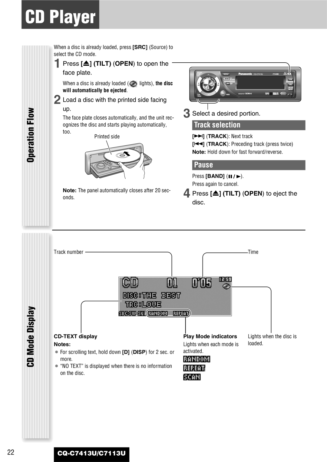 Panasonic CQ-C7413U, C7113U operating instructions CD Player, Operation Flow CD Mode Display, Track selection, Pause 