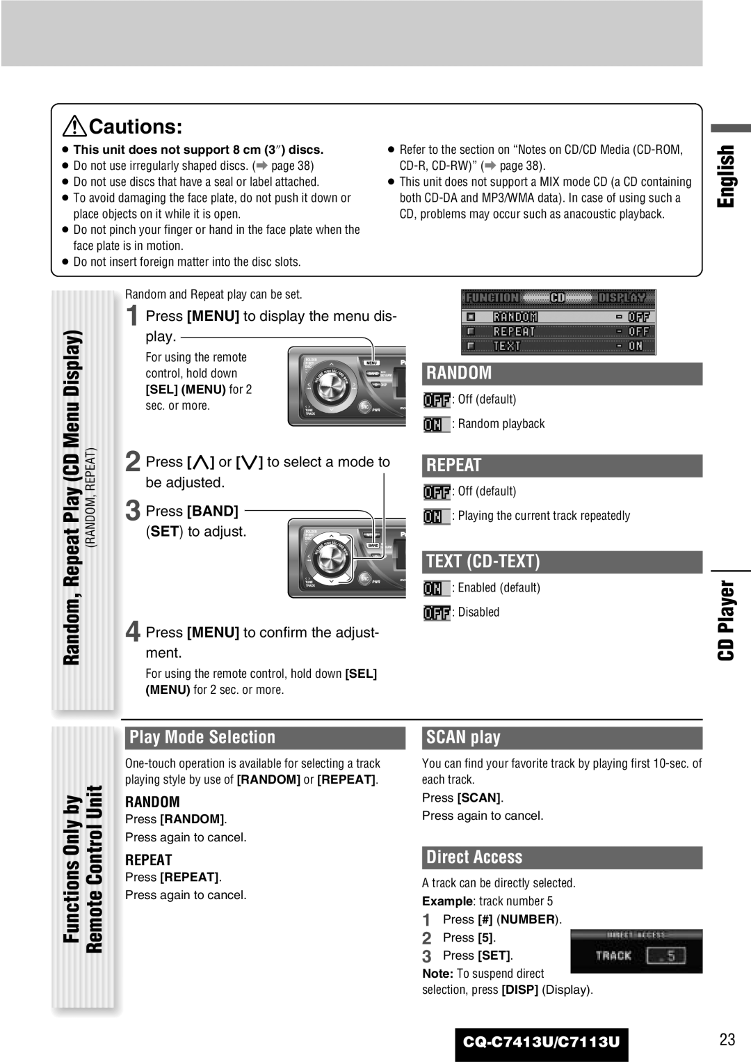 Panasonic C7113U, CQ-C7413U operating instructions CD Player, Random, Repeat, Text CD-TEXT 