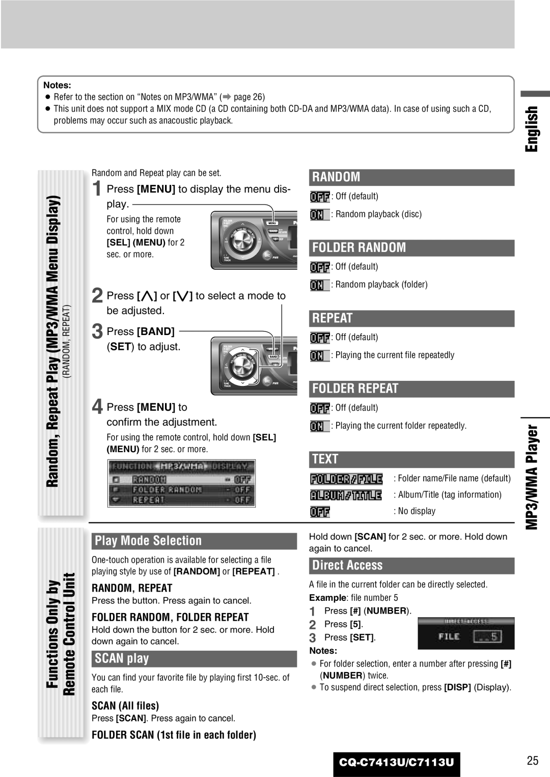 Panasonic C7113U, CQ-C7413U operating instructions MP3/WMA Player, Folder Random, Folder Repeat, Text 