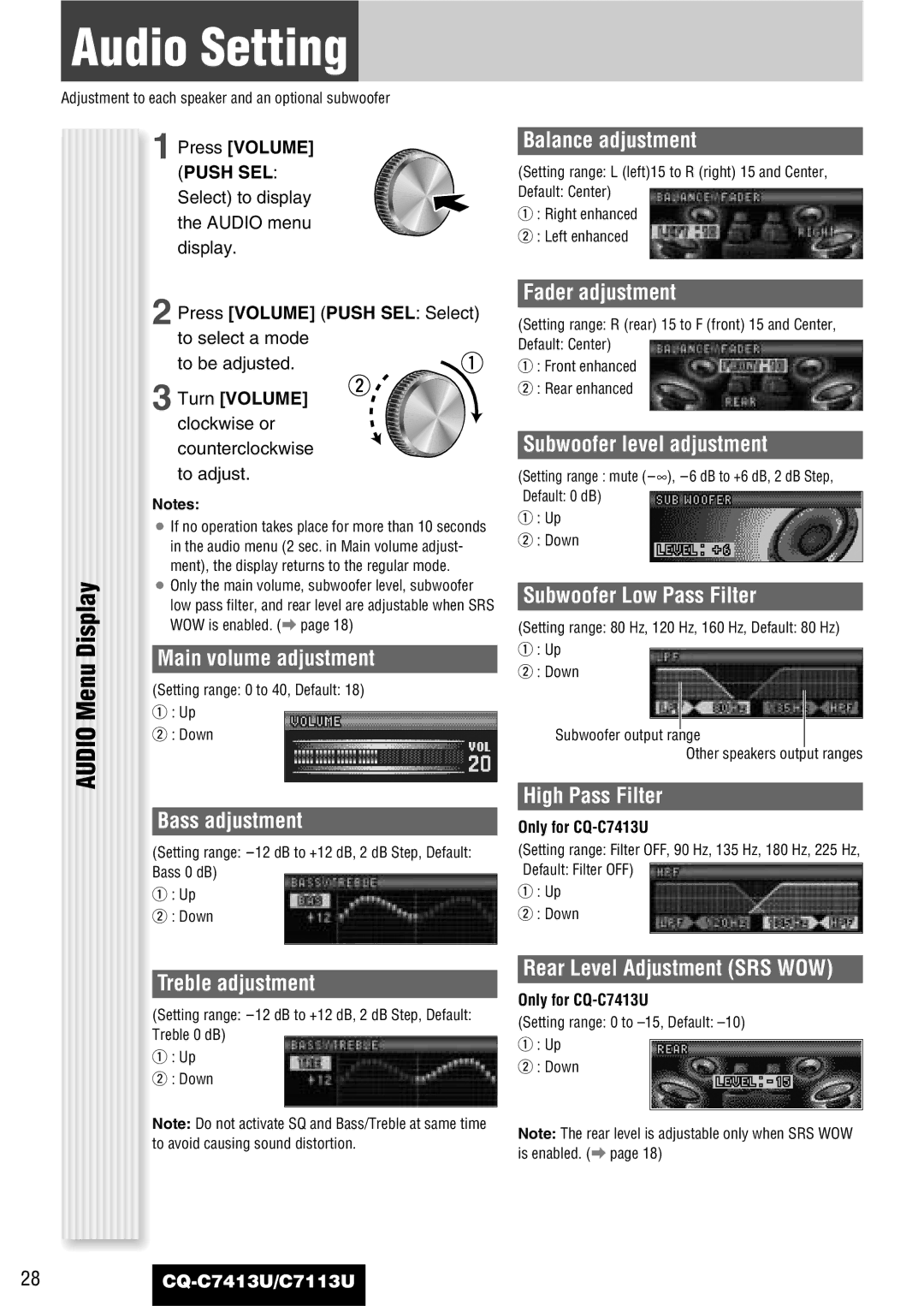 Panasonic CQ-C7413U, C7113U operating instructions Audio Setting, Menu 