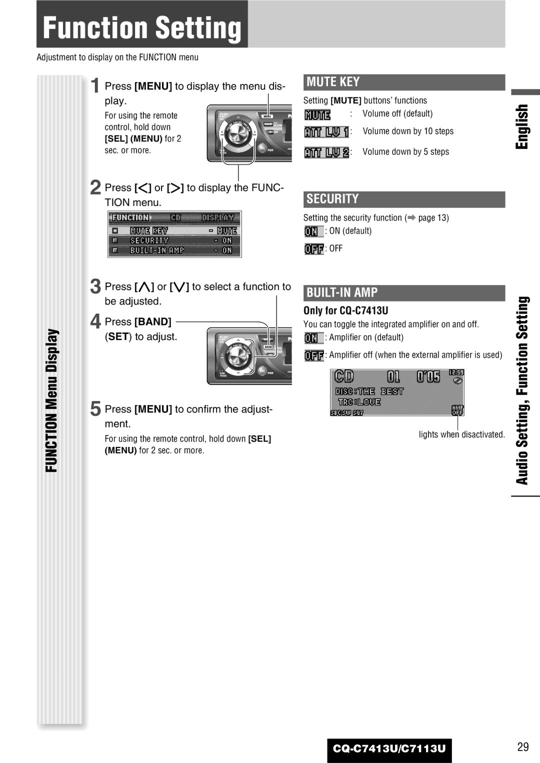 Panasonic C7113U, CQ-C7413U operating instructions Function Setting, Mute KEY, Security, Built-In Amp 