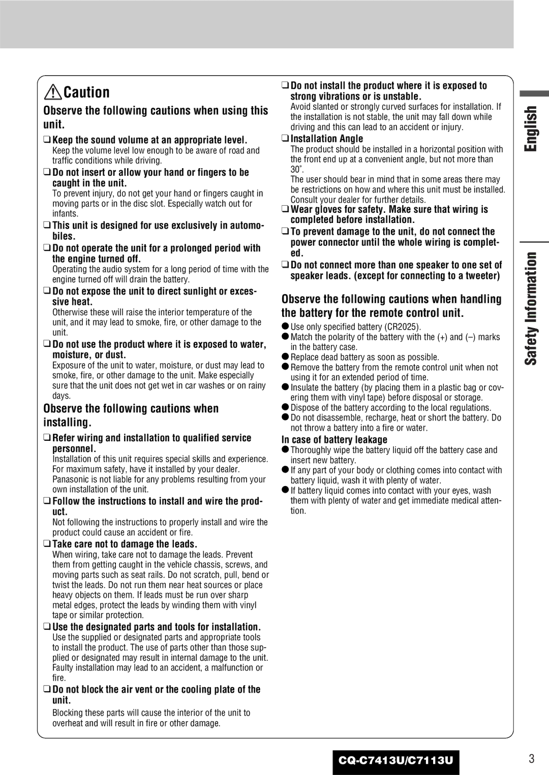 Panasonic C7113U, CQ-C7413U operating instructions Safety Information 