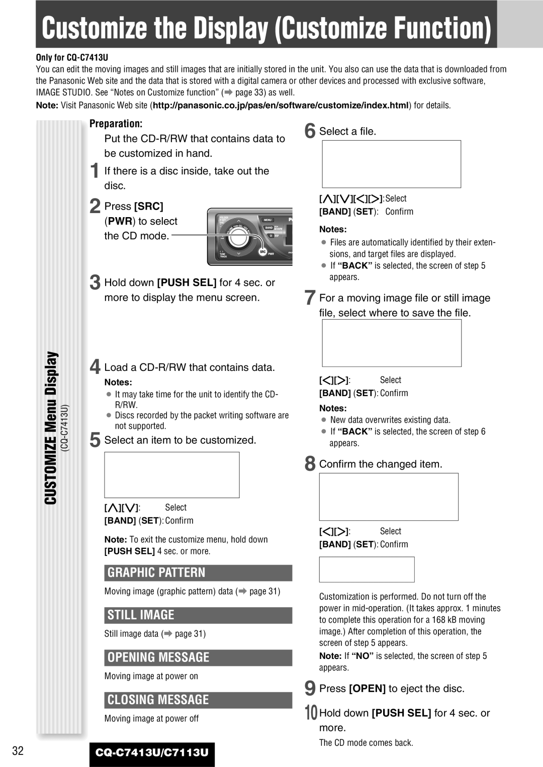 Panasonic CQ-C7413U, C7113U operating instructions Customize Menu Display, Opening Message, Closing Message, Preparation 