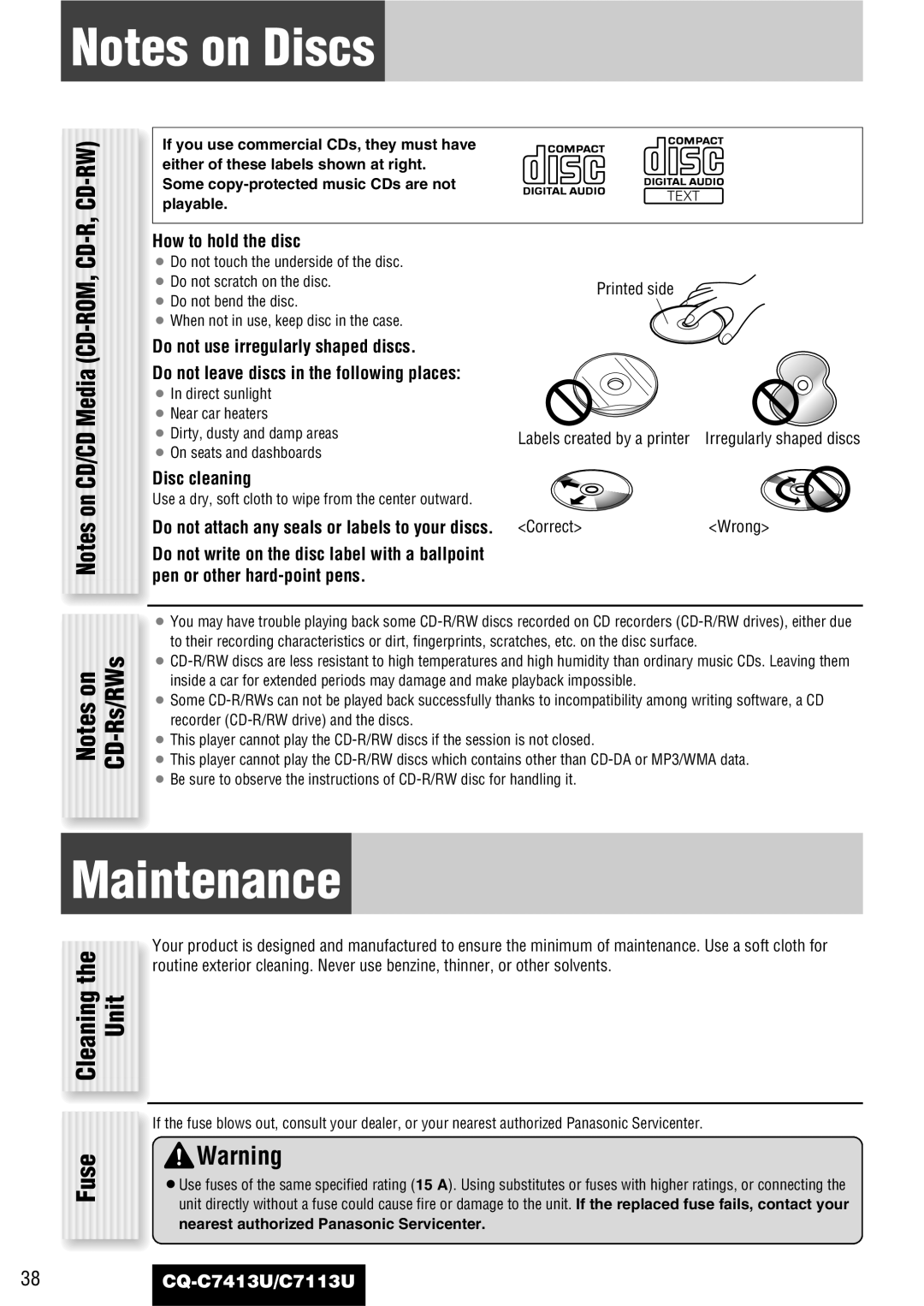 Panasonic CQ-C7413U, C7113U operating instructions Maintenance, Fuse, Cleaning the Unit 