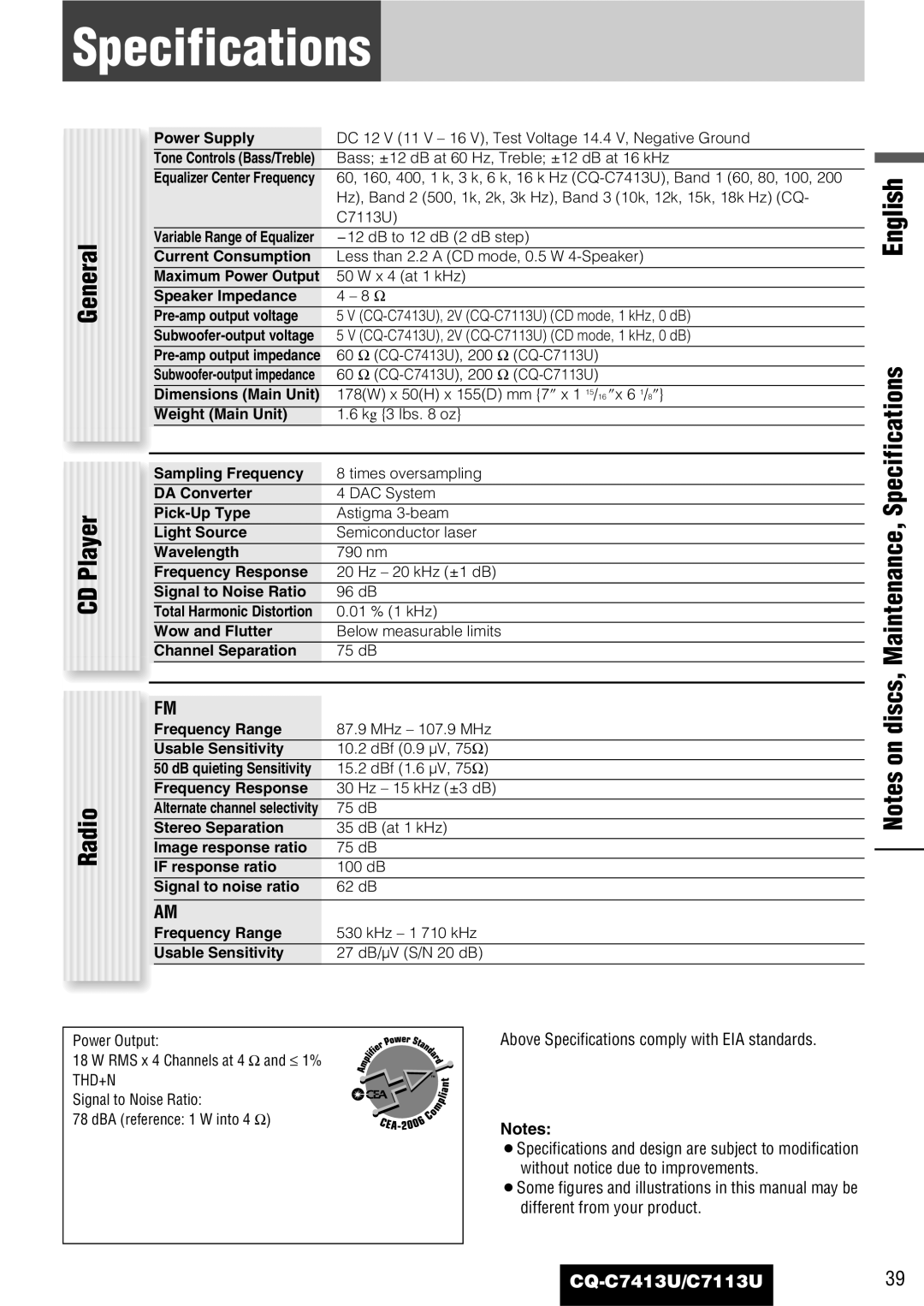 Panasonic C7113U, CQ-C7413U operating instructions Specifications 